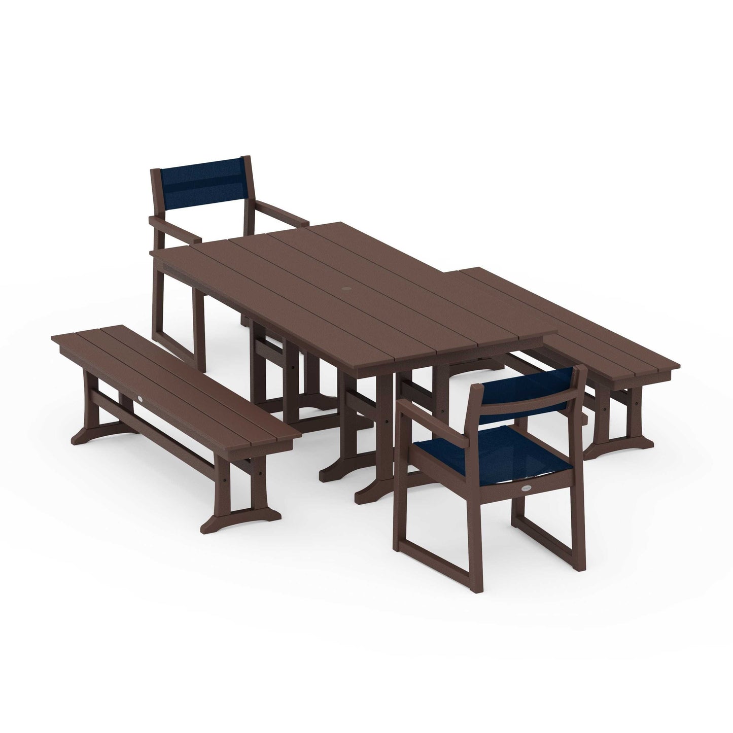 POLYWOOD EDGE Sling Arm Chair 5-Piece Farmhouse Dining Set with Benches — Mahogany / Navy Blue Sling