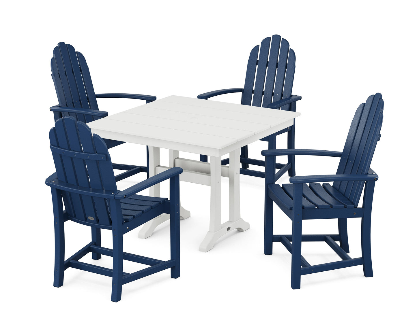 POLYWOOD Classic Adirondack 5-Piece Farmhouse Dining Set With Trestle Legs — Navy / White