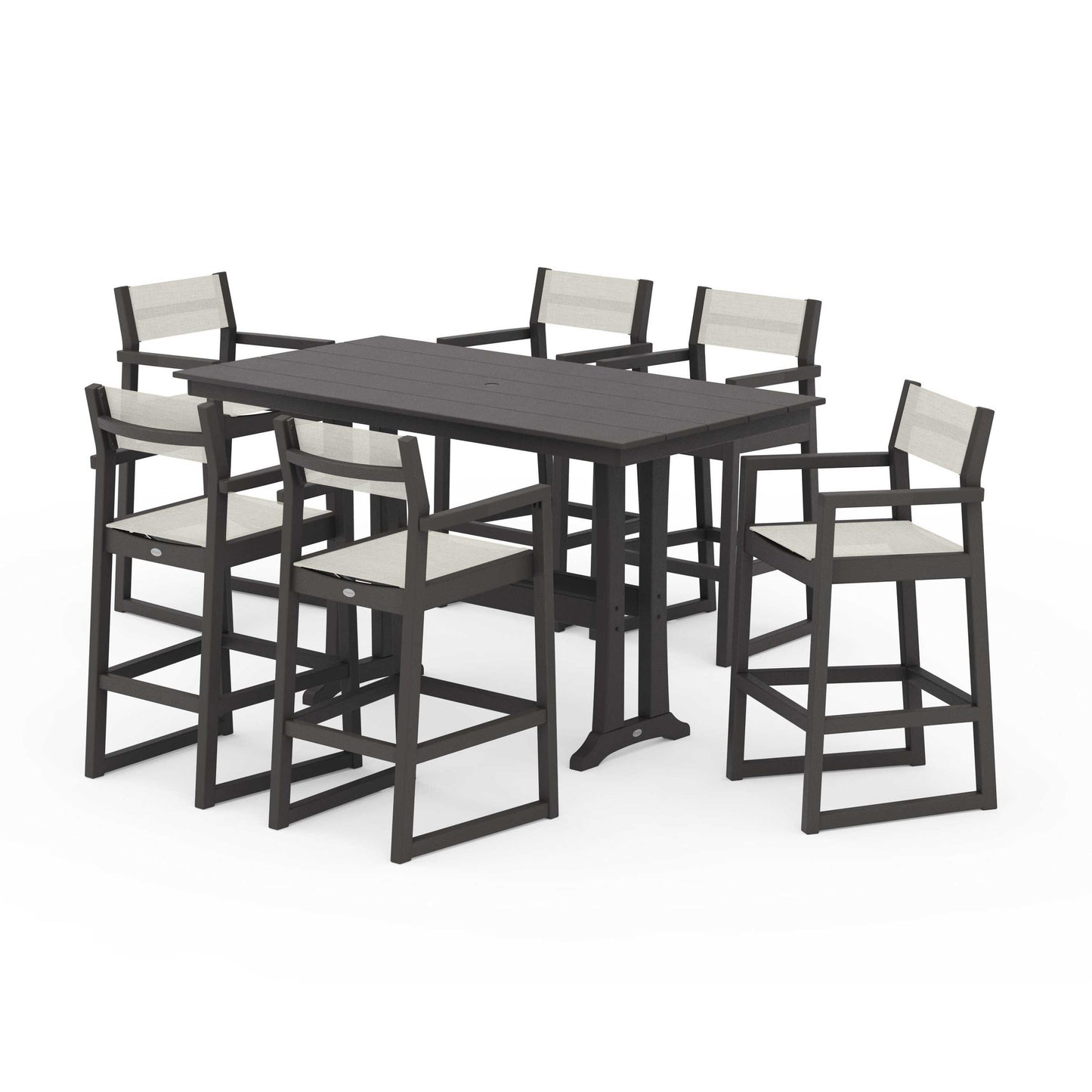 POLYWOOD EDGE Sling Arm Chair 7-Piece Farmhouse Bar Set with Trestle Legs — Vintage Coffee / Parchment Sling