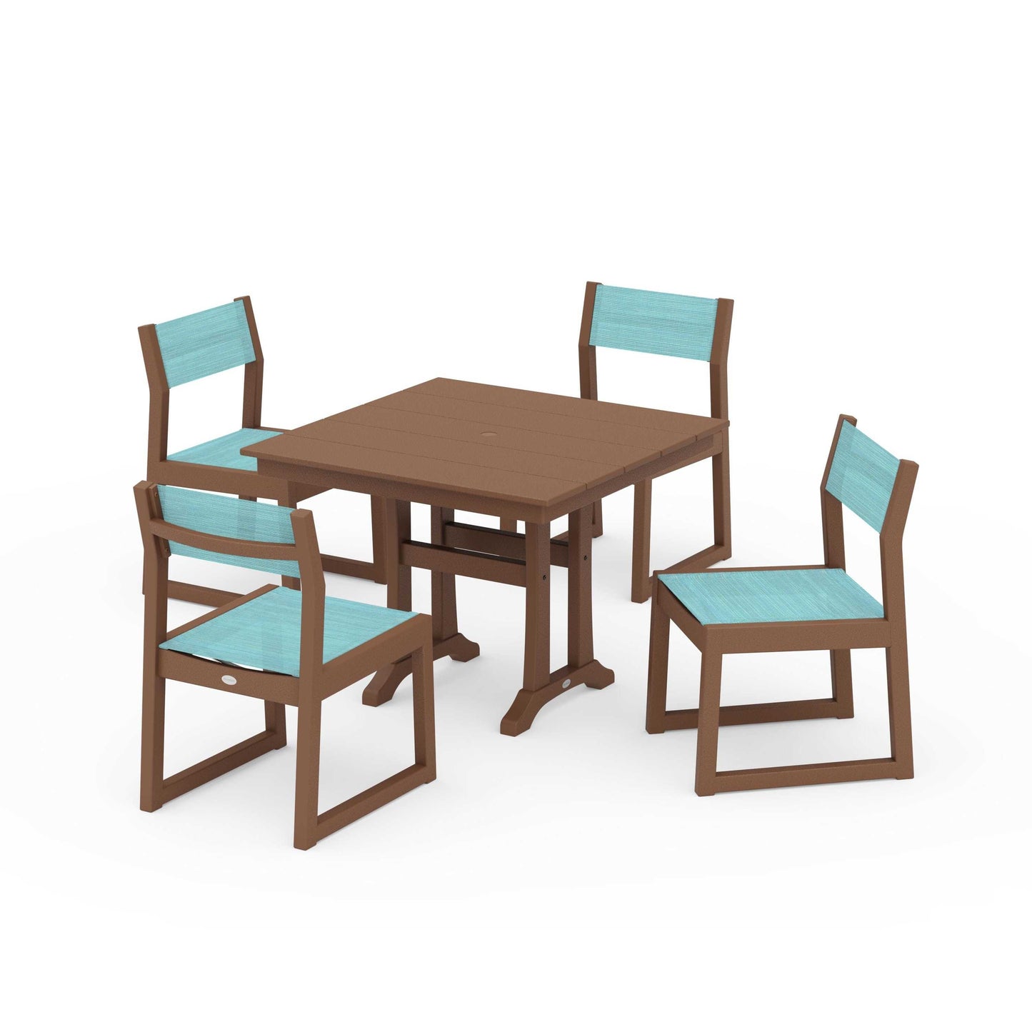 POLYWOOD EDGE Sling 5-Piece Farmhouse Trestle Side Chair Dining Set — Teak / Dupioni Aquamarine Sling