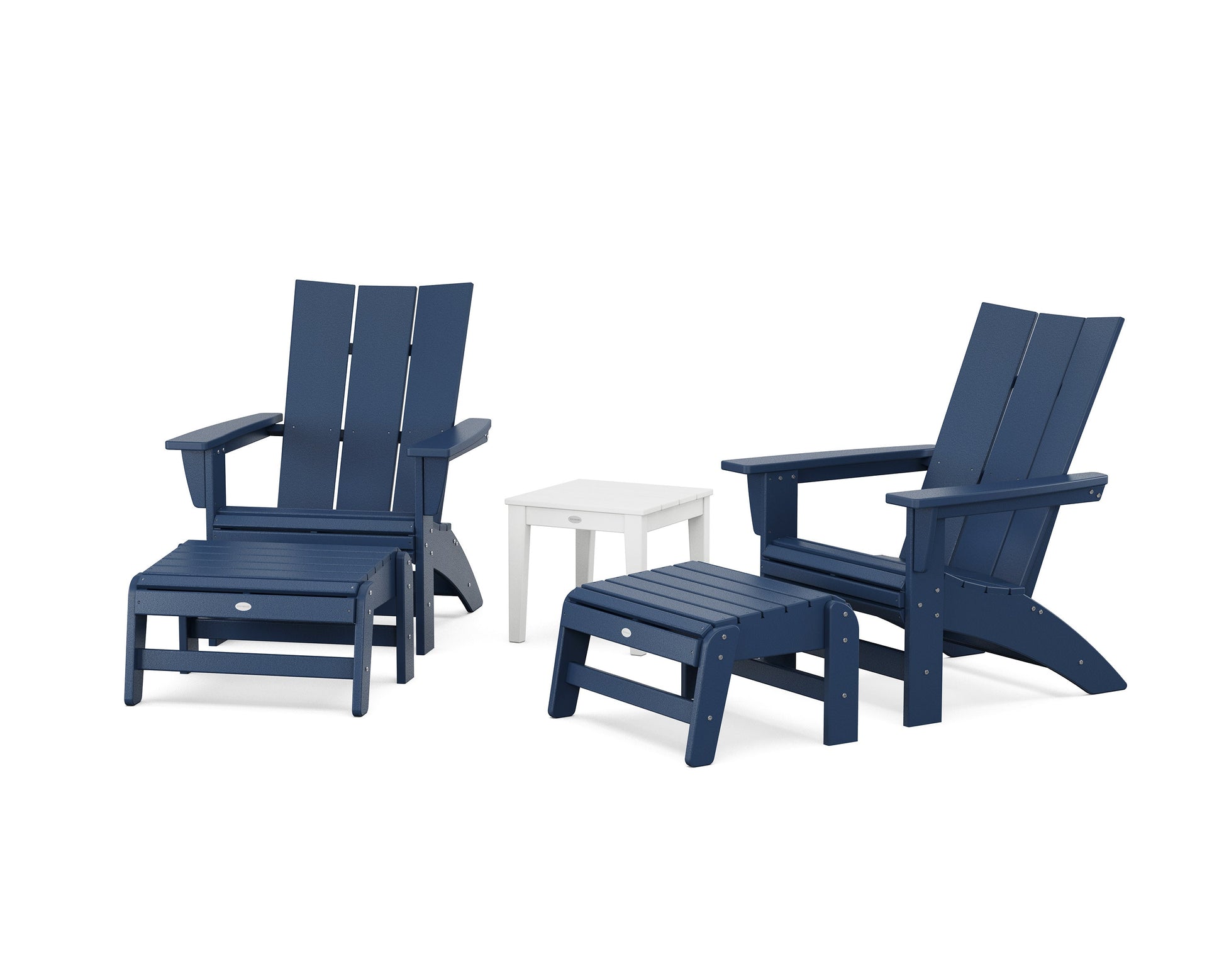 POLYWOOD 5-Piece Modern Grand Adirondack Set with Ottomans and Side Table — Navy / White