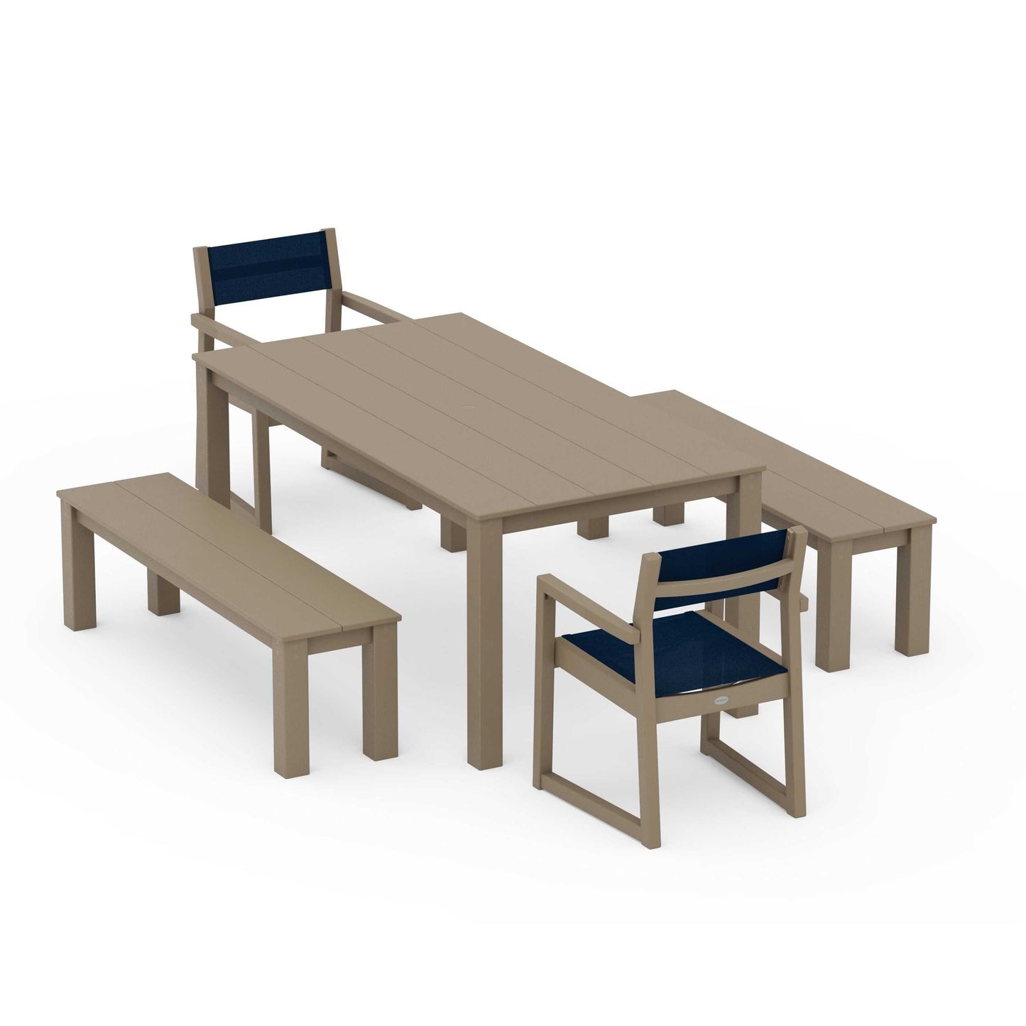 POLYWOOD EDGE Sling Arm Chair 5-Piece Parsons Dining Set with Benches — Vintage Sahara / Navy Blue Sling