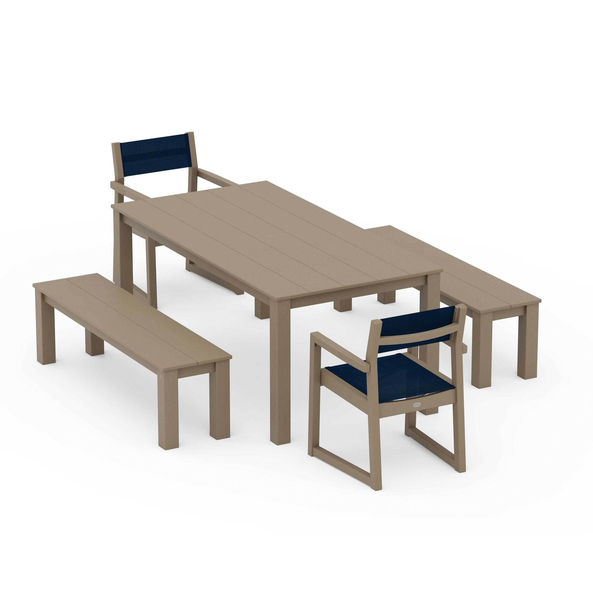 POLYWOOD EDGE Sling Arm Chair 5-Piece Parsons Dining Set with Benches — Vintage Sahara / Navy Blue Sling