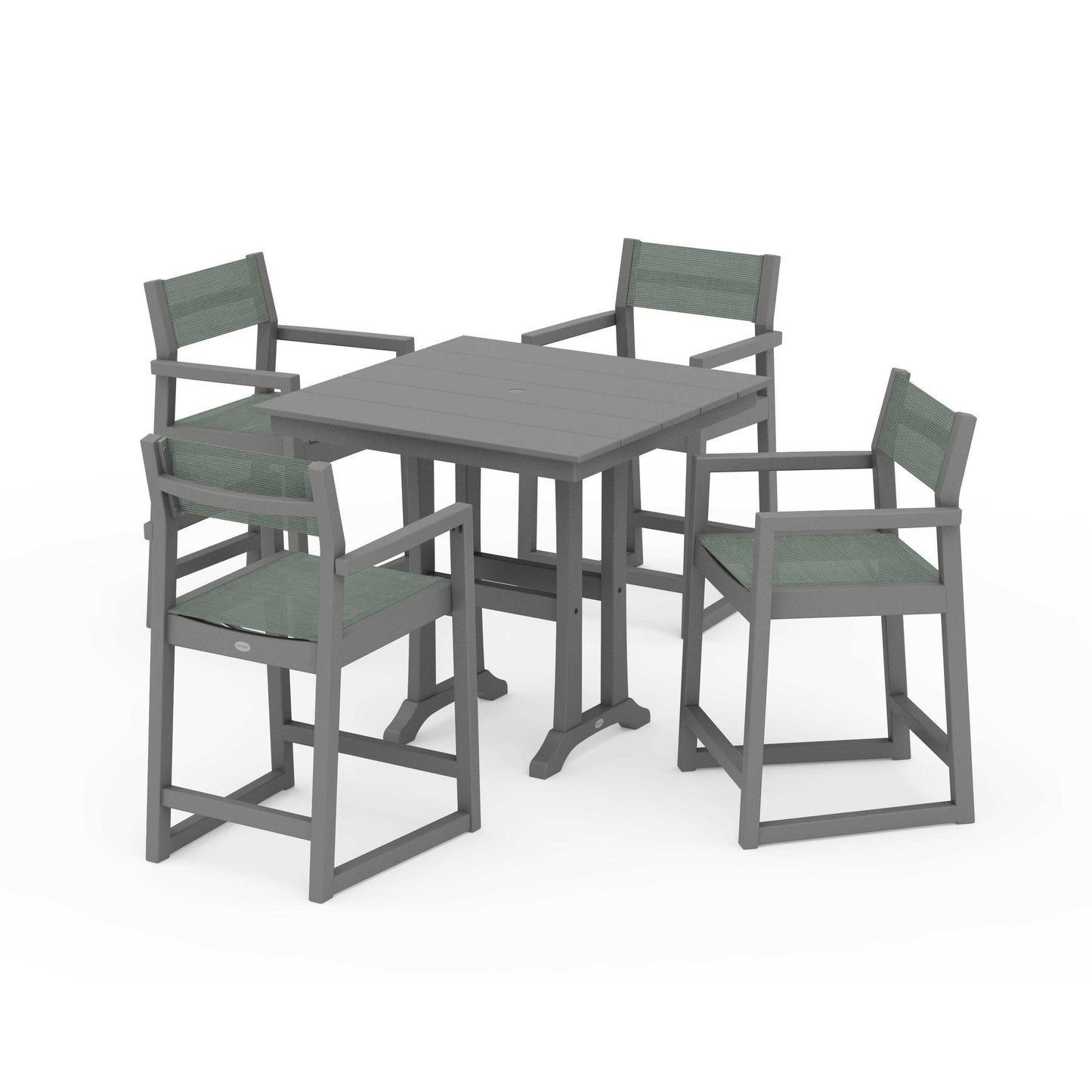 POLYWOOD EDGE Sling Arm Chair 5-Piece Farmhouse Counter Set with Trestle Legs — Slate Grey / Dupioni Sea Mist Sling