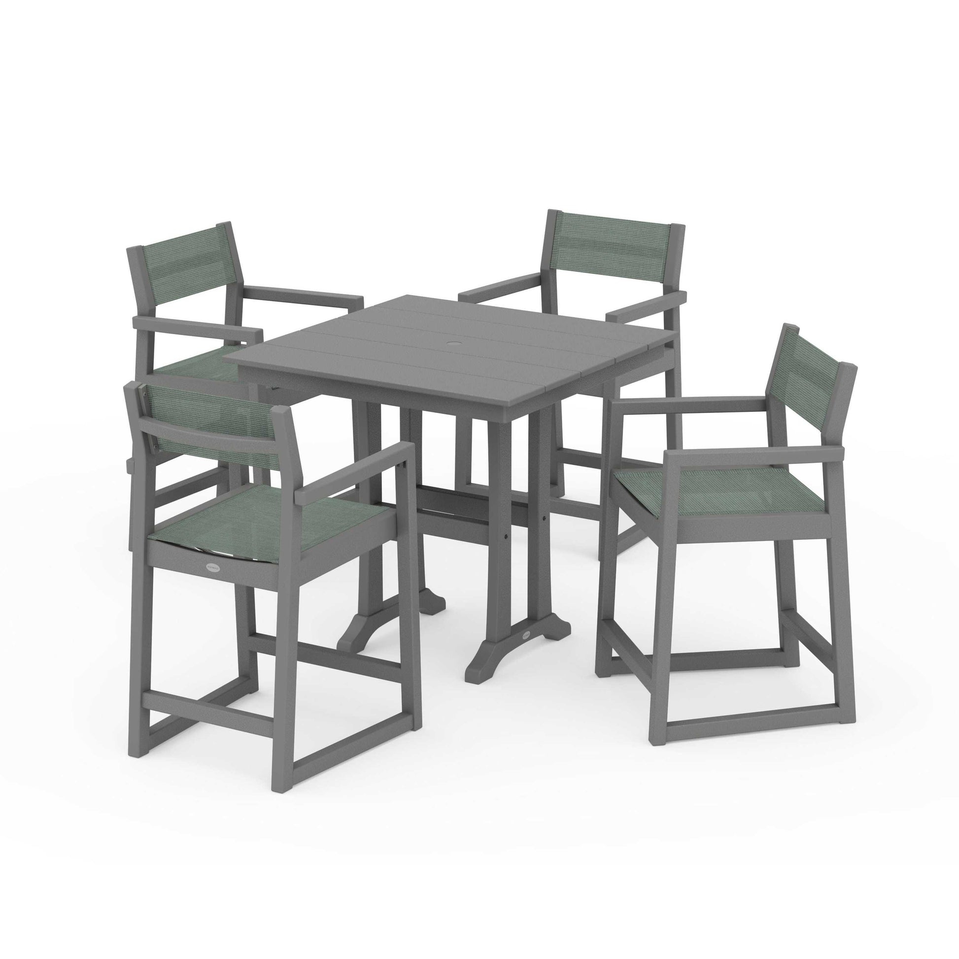 POLYWOOD EDGE Sling Arm Chair 5-Piece Farmhouse Counter Set with Trestle Legs — Slate Grey / Dupioni Sea Mist Sling