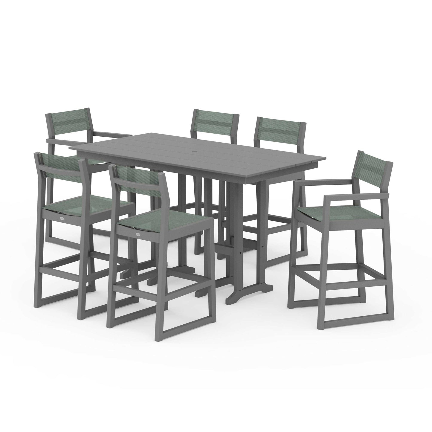 POLYWOOD EDGE Sling 7-Piece Farmhouse Bar Set — Slate Grey / Dupioni Sea Mist Sling