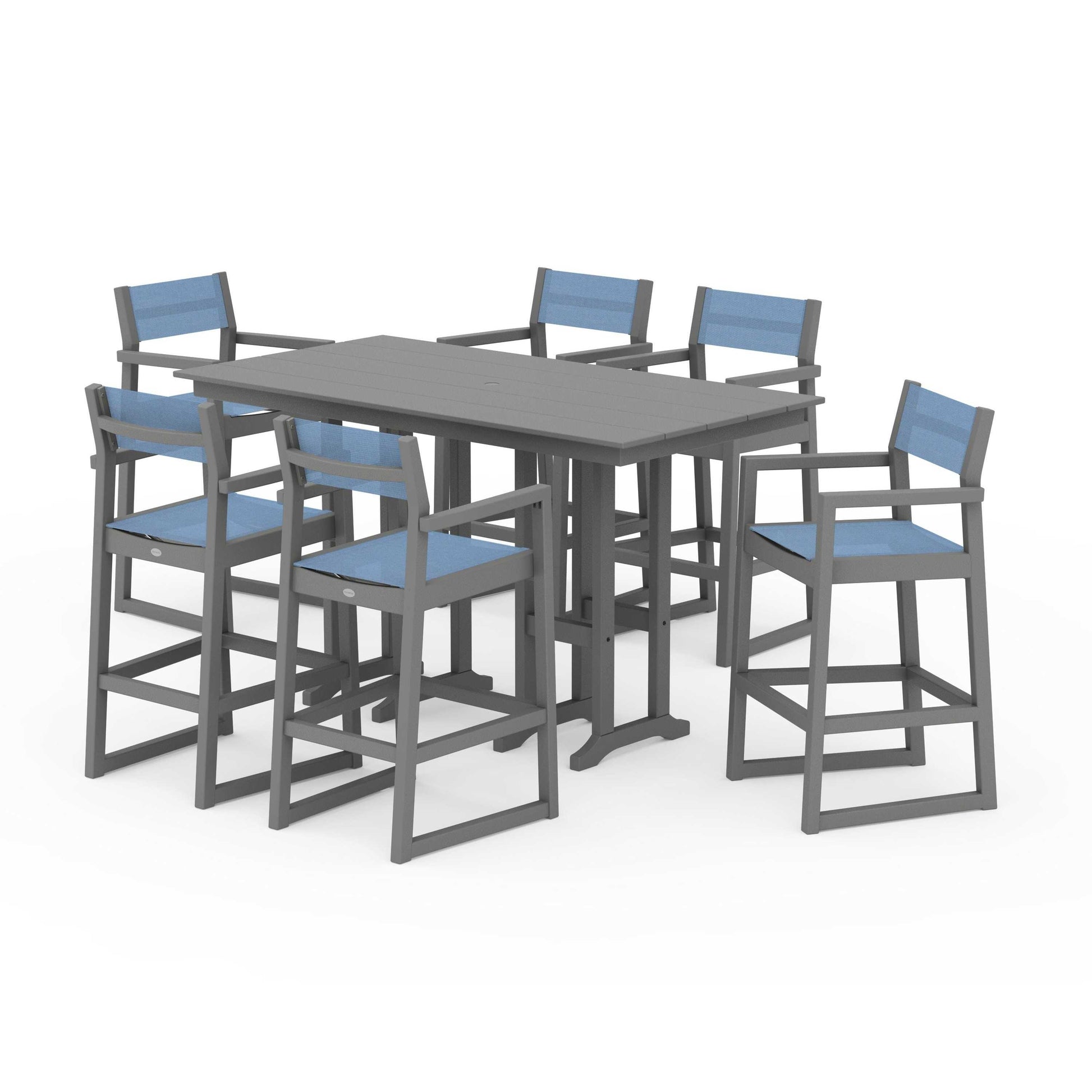 POLYWOOD EDGE Sling Arm Chair 7-Piece Farmhouse Bar Set — Slate Grey / Poolside Sling