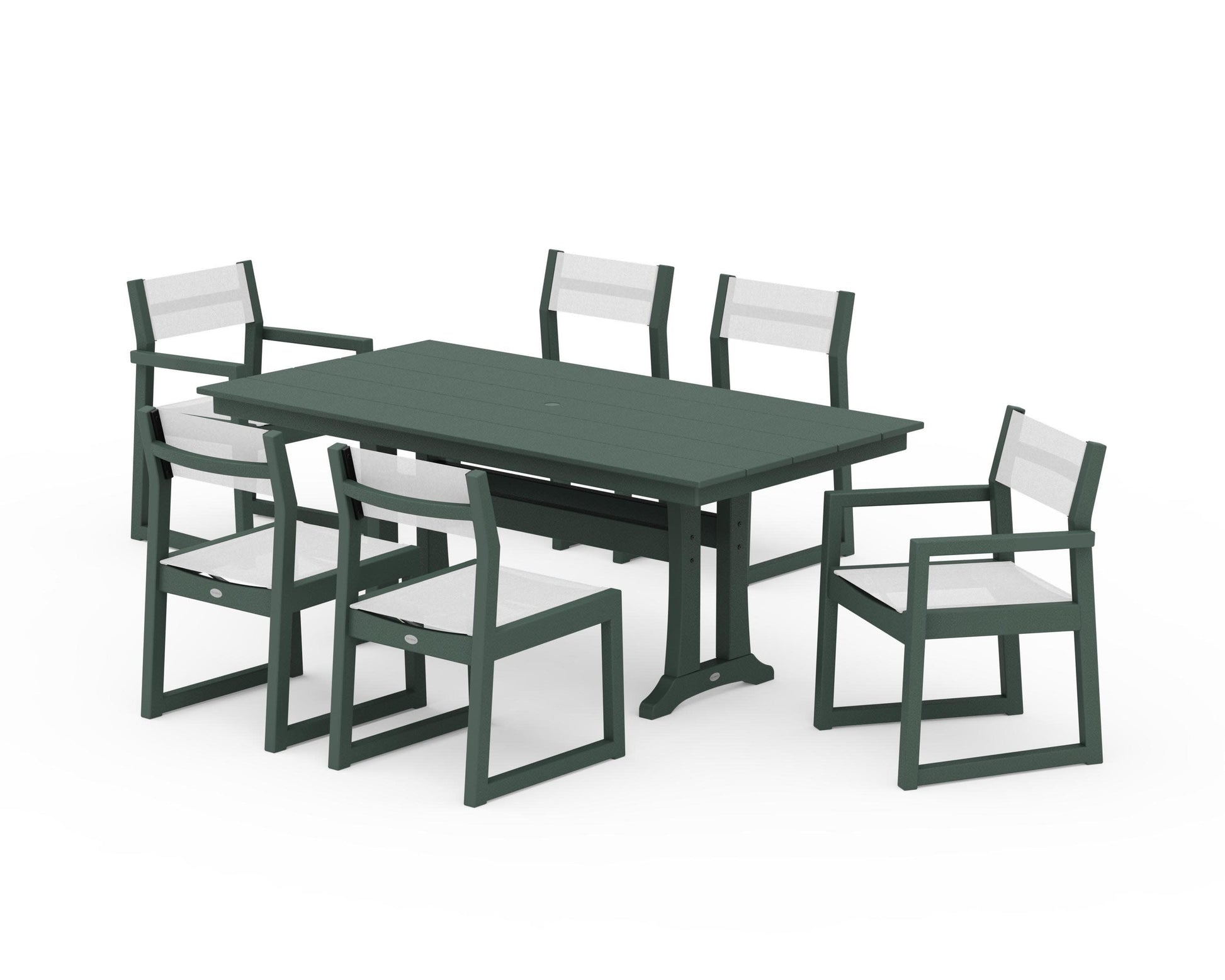POLYWOOD EDGE Sling 7-Piece Farmhouse Trestle Dining Set — Green / White Sling