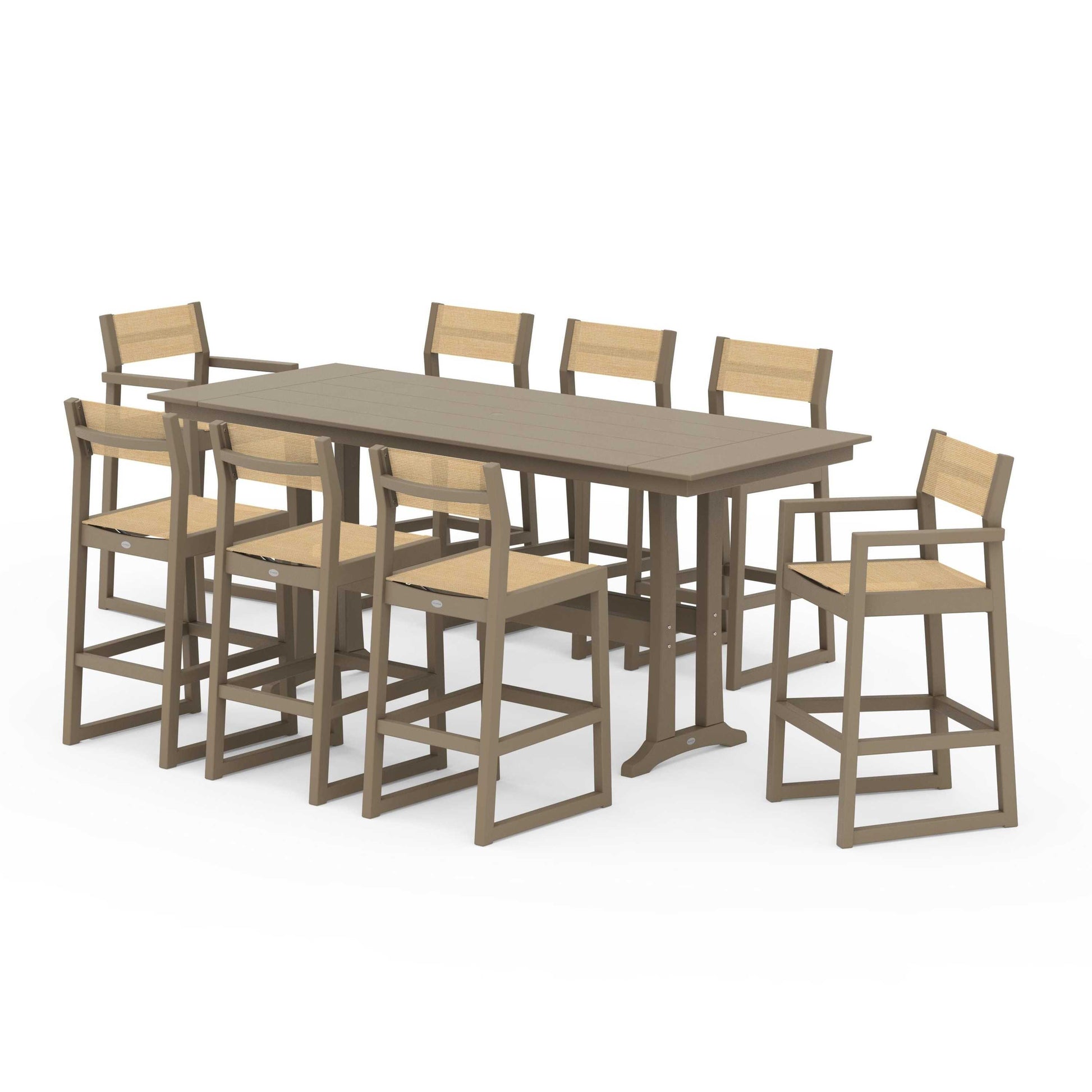 POLYWOOD EDGE Sling 9-Piece Farmhouse Bar Set with Trestle Legs — Vintage Sahara / Dupioni Apricot Sling