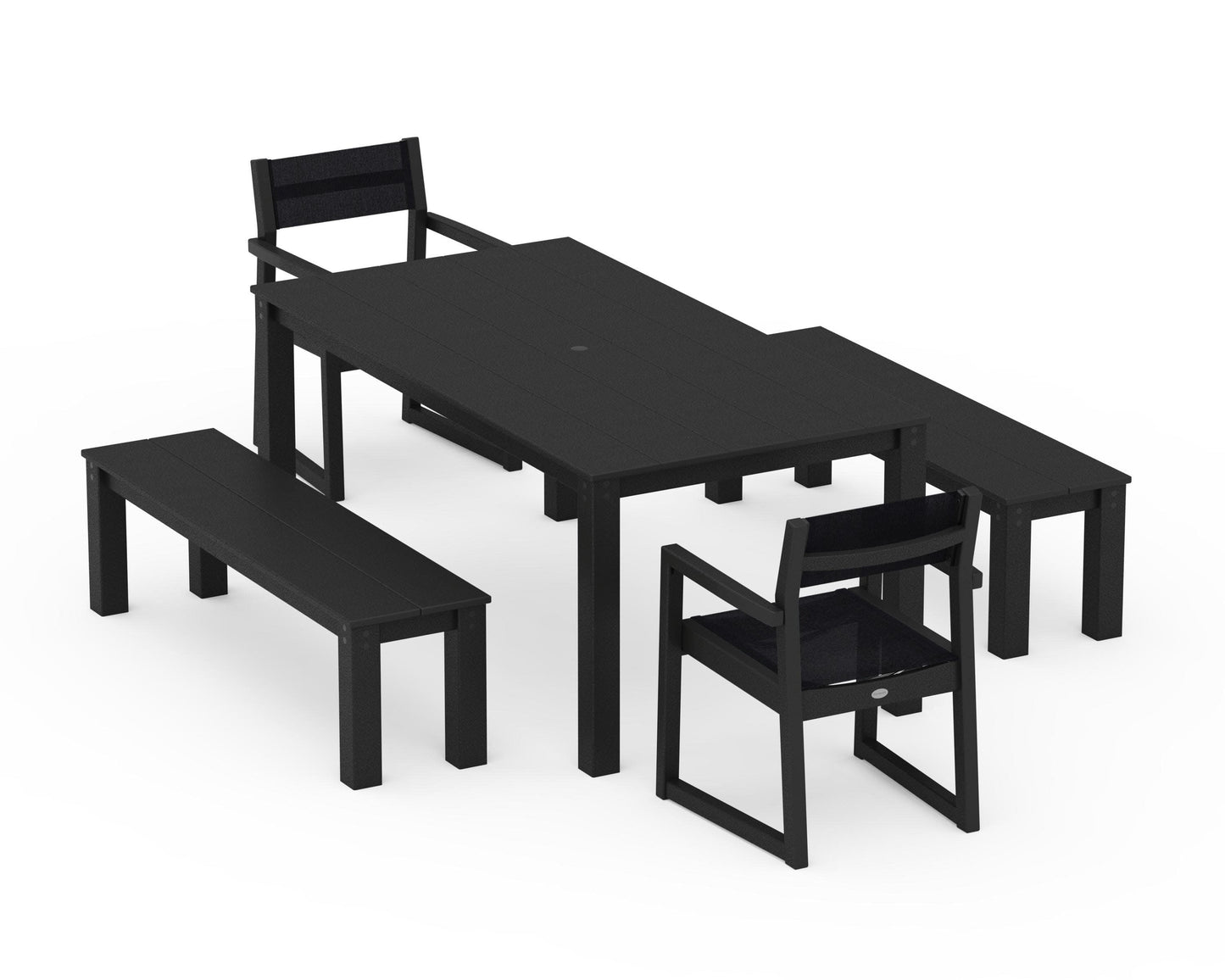 POLYWOOD EDGE Sling Arm Chair 5-Piece Parsons Dining Set with Benches — Black / Black Sling