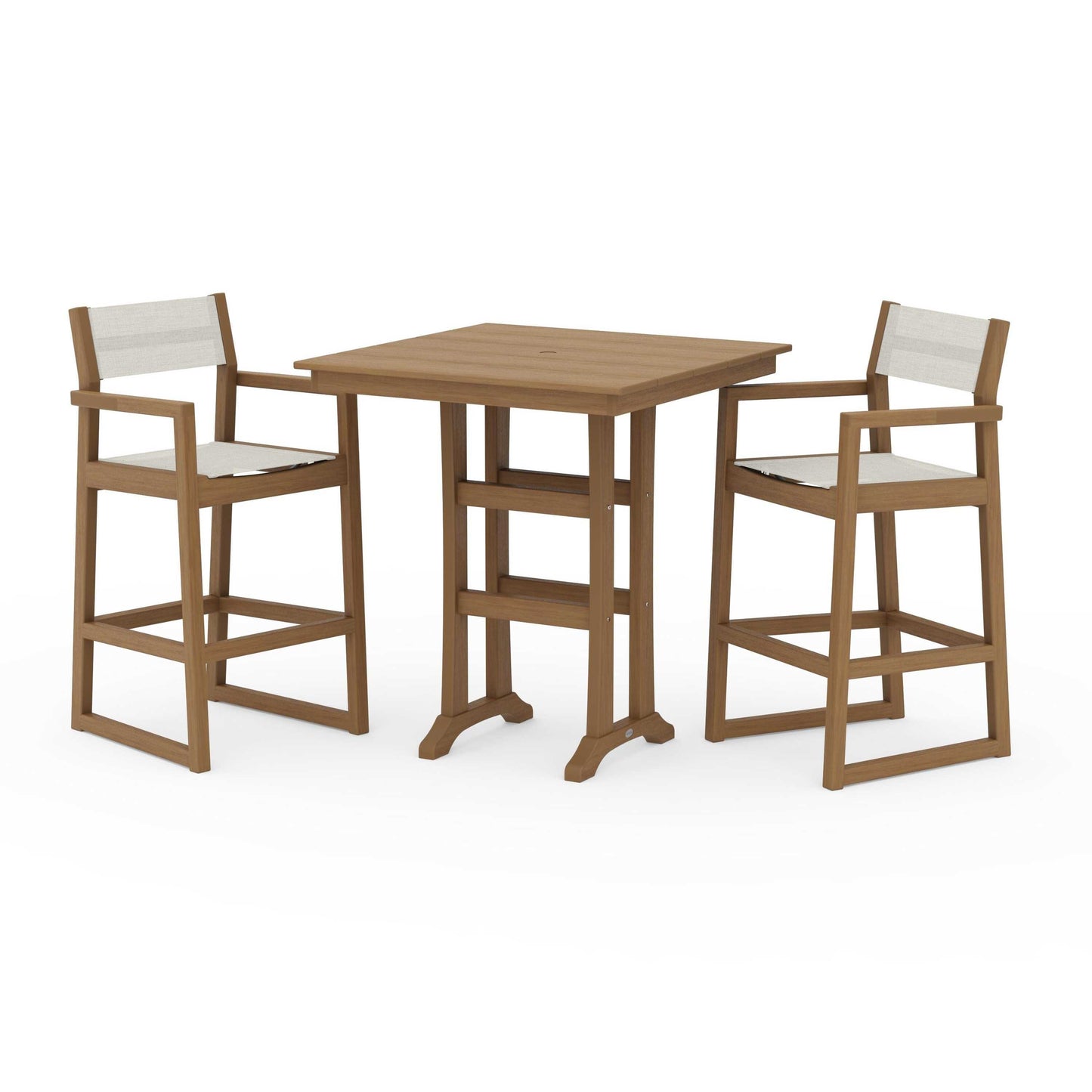 POLYWOOD EDGE Sling Arm Chair 3-Piece Farmhouse Bar Set with Trestle Legs — Natural / Parchment Sling