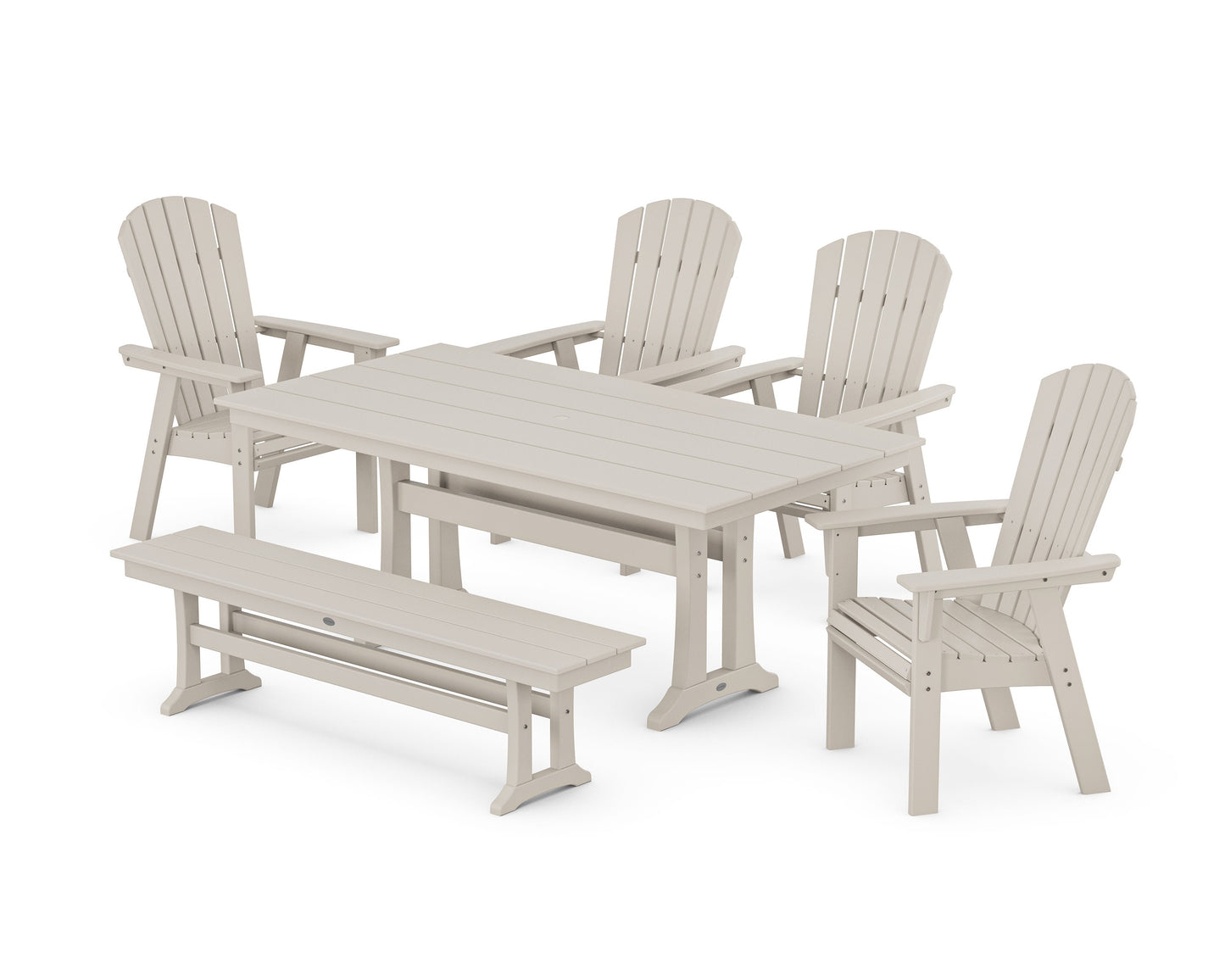 POLYWOOD Nautical Curveback Adirondack 6-Piece Farmhouse Dining Set with Trestle Legs and Bench — Sand