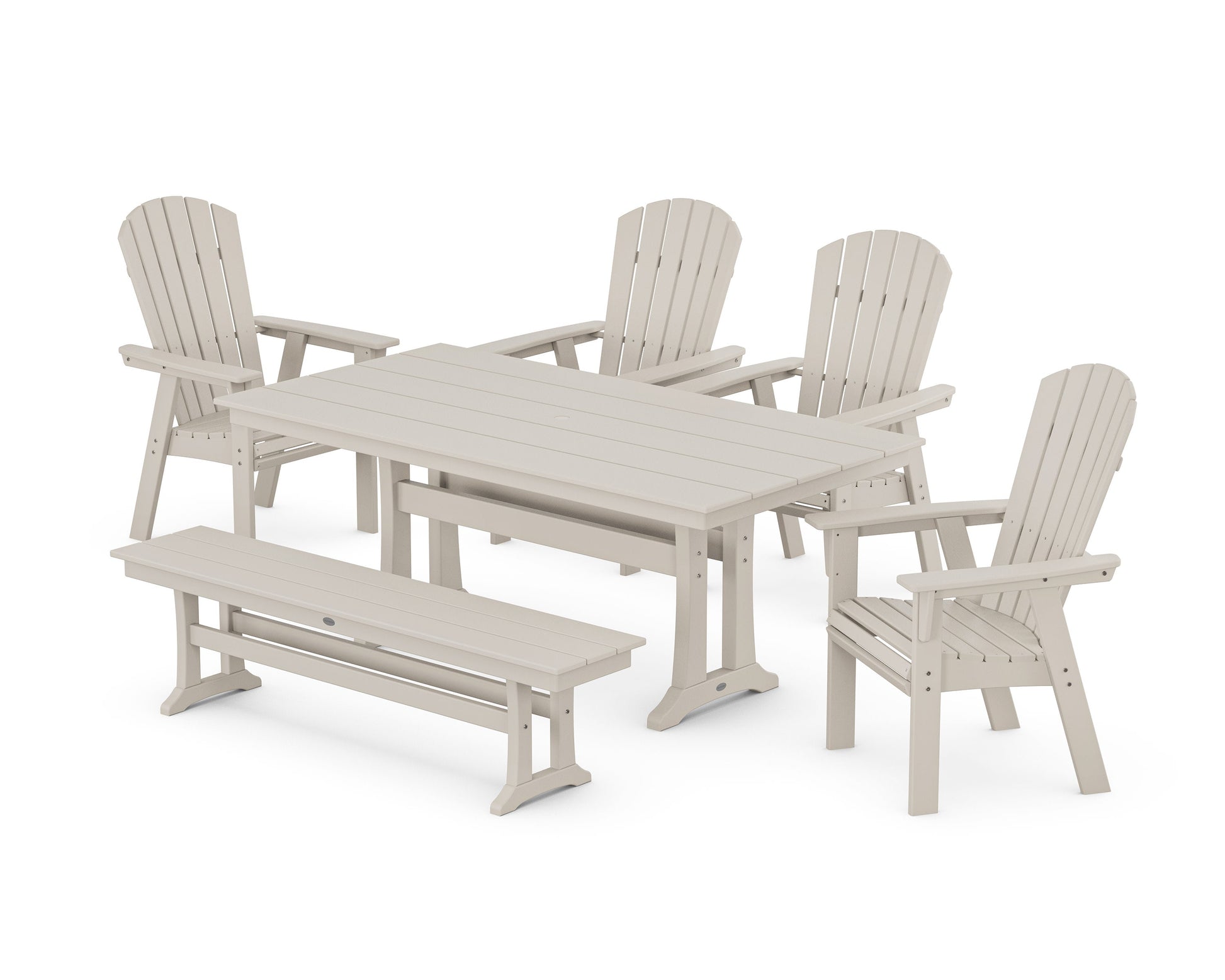 POLYWOOD Nautical Curveback Adirondack 6-Piece Farmhouse Dining Set with Trestle Legs and Bench — Sand