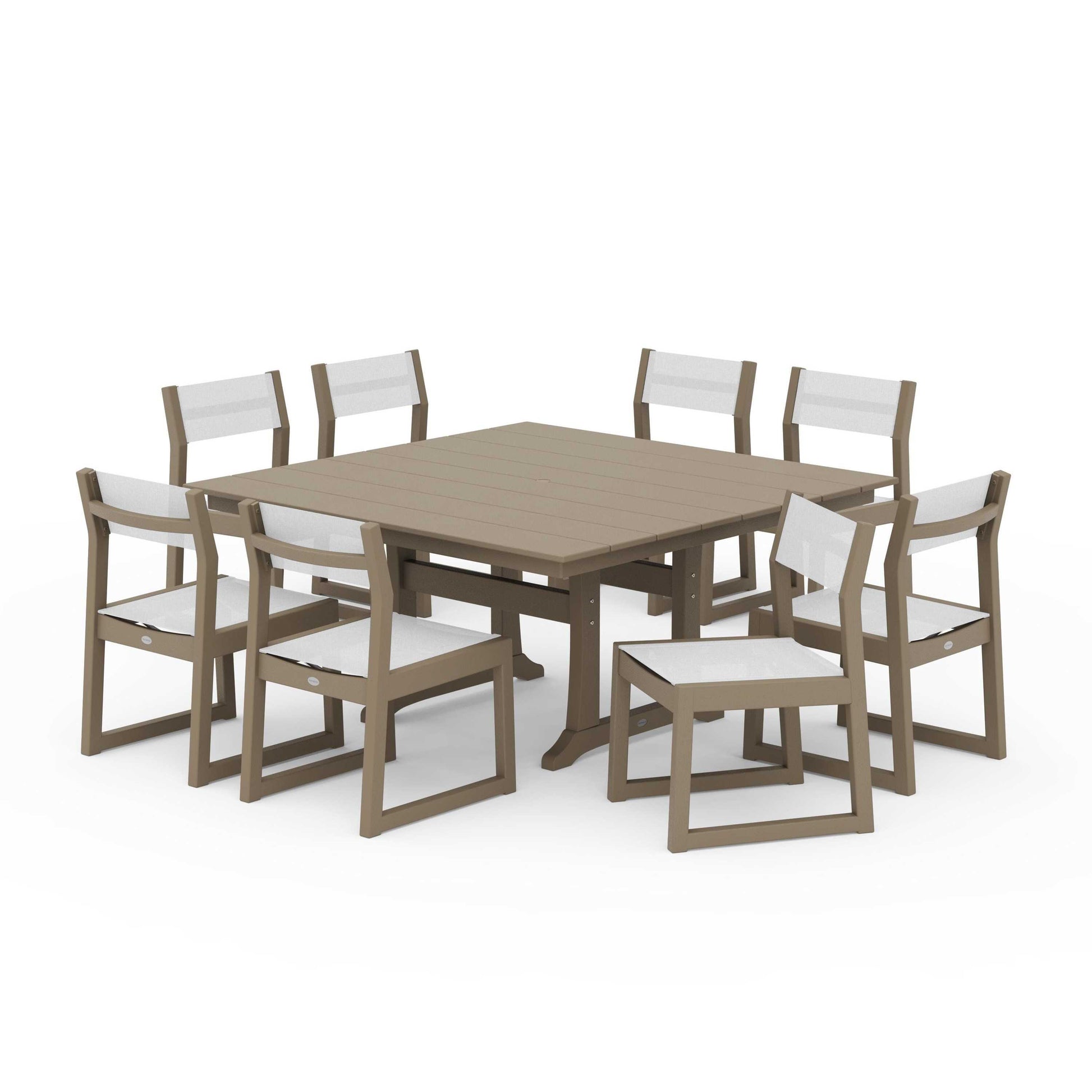 POLYWOOD EDGE Sling Side Chair 9-Piece Farmhouse Trestle Dining Set — Vintage Sahara / White Sling