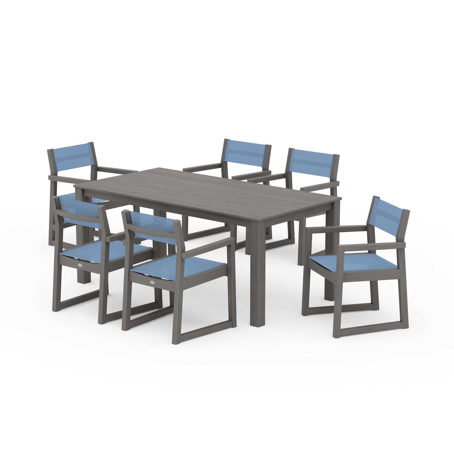 POLYWOOD EDGE Sling Arm Chair 7-Piece Parsons Dining Set — Driftwood / Poolside Sling