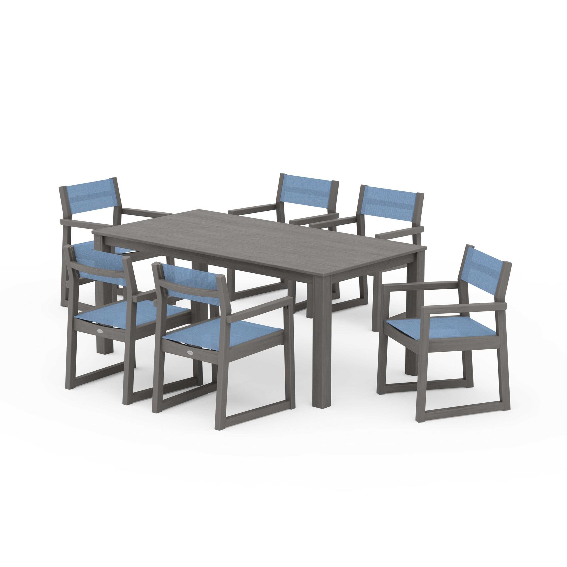 POLYWOOD EDGE Sling Arm Chair 7-Piece Parsons Dining Set — Driftwood / Poolside Sling
