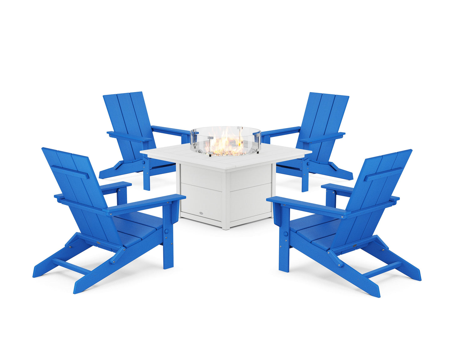 POLYWOOD 5-Piece Modern Studio Folding Adirondack Conversation Set with Fire Pit Table — Pacific Blue / White