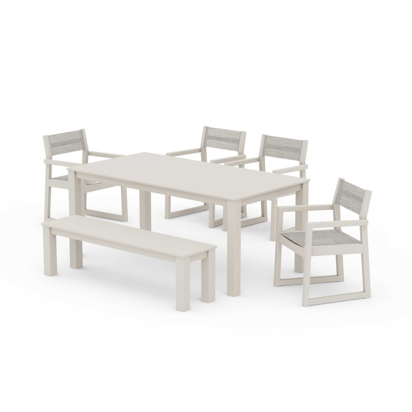 POLYWOOD EDGE Sling Arm Chair 6-Piece Parsons Dining Set with Bench — Sand / Birch Sling