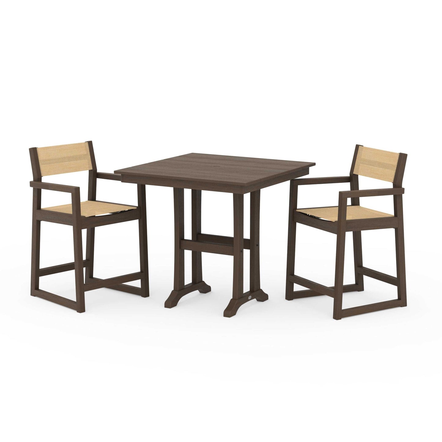 POLYWOOD EDGE Sling Arm Chair 3-Piece Farmhouse Counter Set with Trestle Legs — Kona / Dupioni Apricot Sling