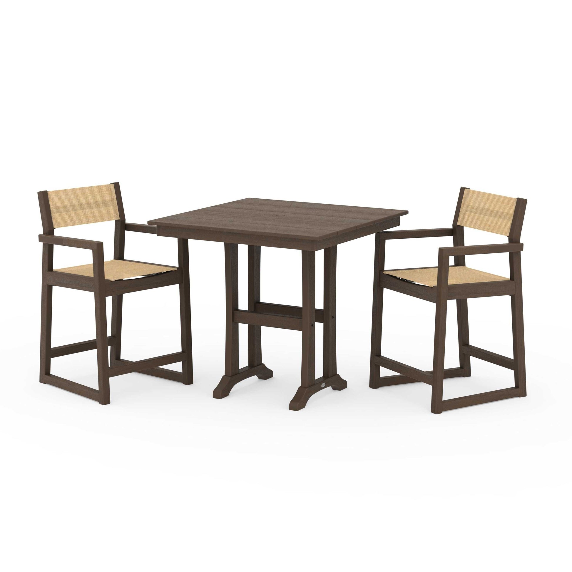 POLYWOOD EDGE Sling Arm Chair 3-Piece Farmhouse Counter Set with Trestle Legs — Kona / Dupioni Apricot Sling