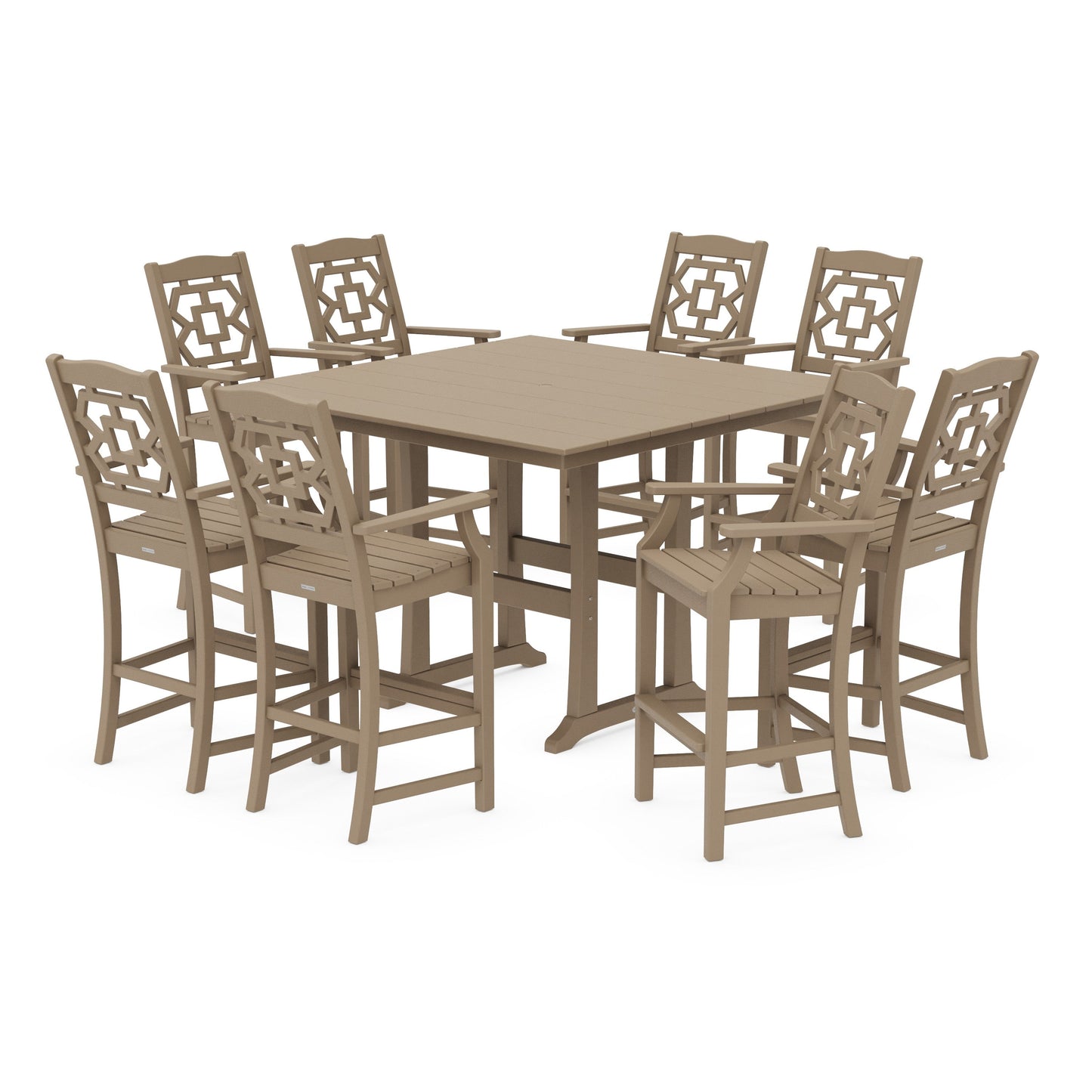 POLYWOOD Chinoiserie 9-Piece Square Farmhouse Bar Set with Trestle Legs — Vintage Sahara