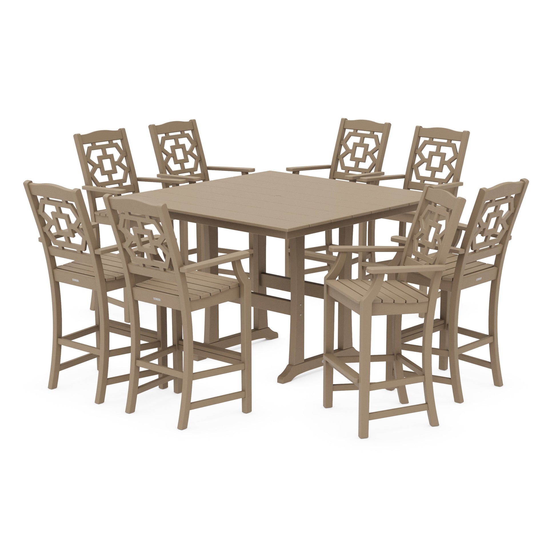 POLYWOOD Chinoiserie 9-Piece Square Farmhouse Bar Set with Trestle Legs — Vintage Sahara