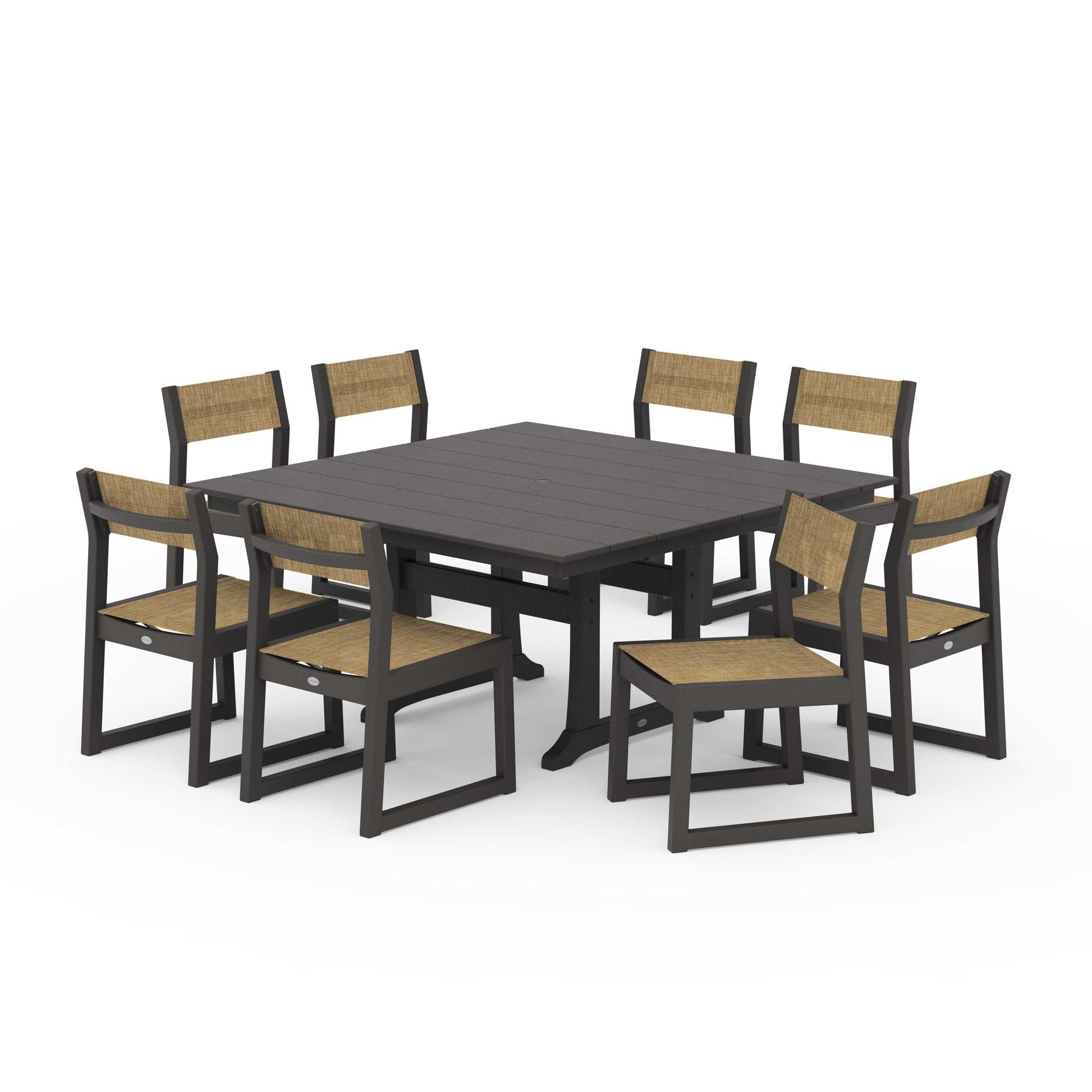 POLYWOOD EDGE Sling Side Chair 9-Piece Farmhouse Trestle Dining Set — Vintage Coffee / Burlap Sling