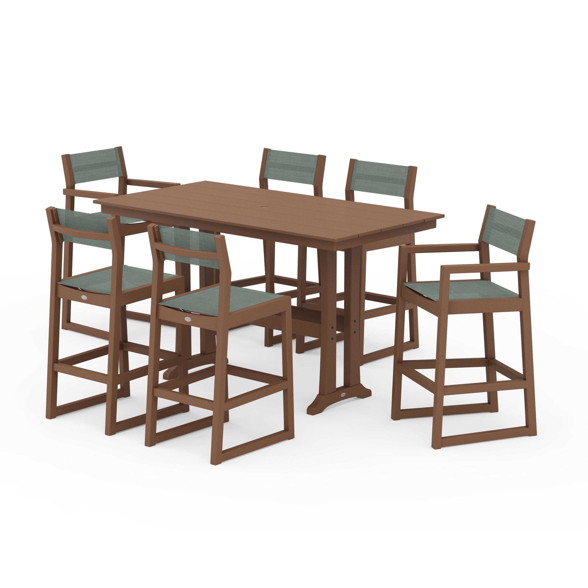 POLYWOOD EDGE Sling 7-Piece Farmhouse Bar Set with Trestle Legs — Teak / Dupioni Sea Mist Sling