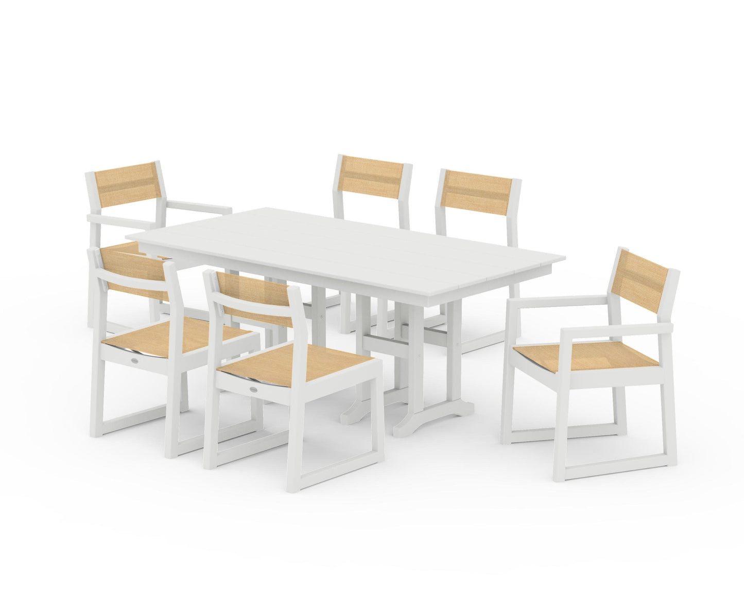 POLYWOOD EDGE Sling 7-Piece Farmhouse Dining Set — Vintage White / Dupioni Apricot Sling