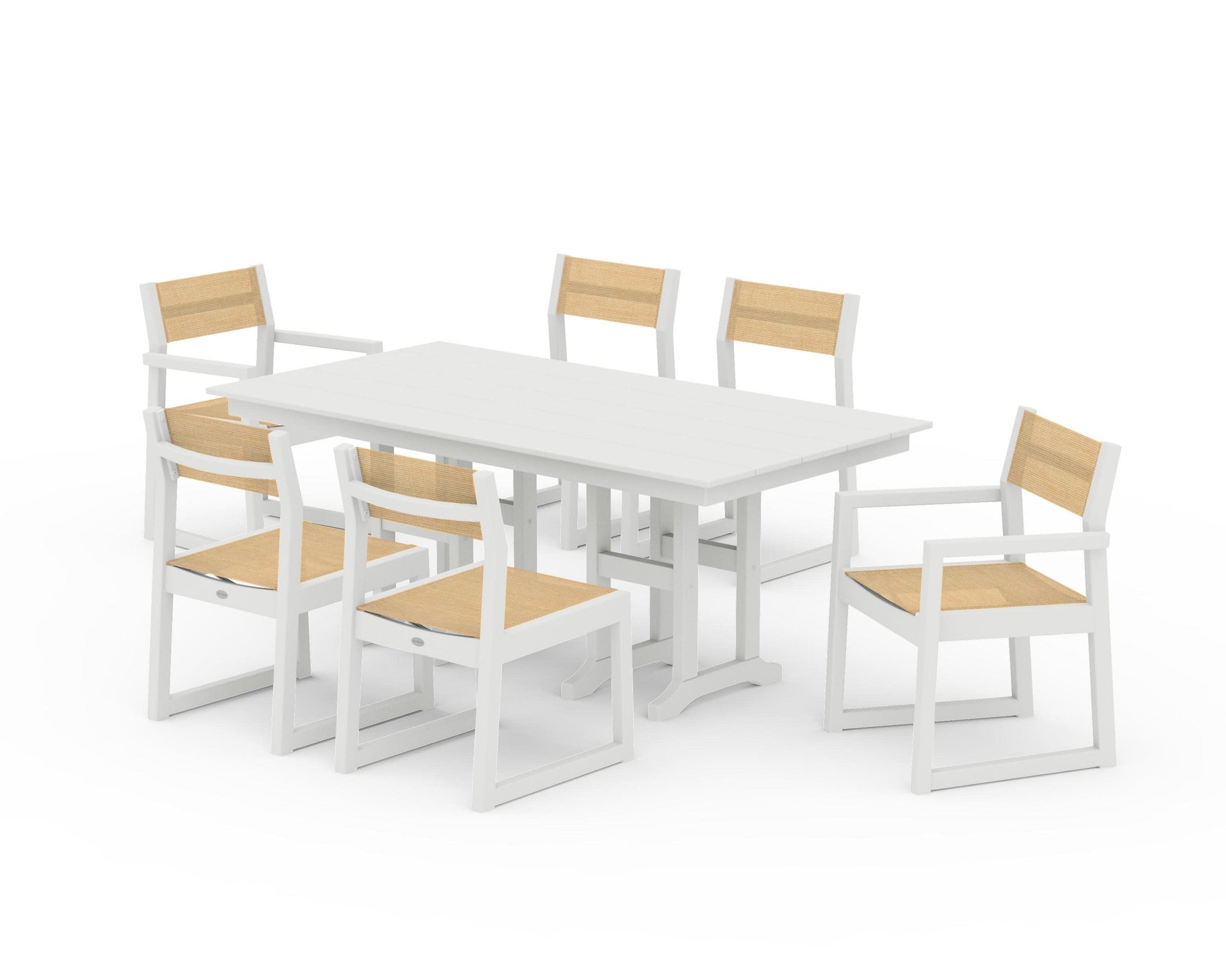 POLYWOOD EDGE Sling 7-Piece Farmhouse Dining Set — Vintage White / Dupioni Apricot Sling