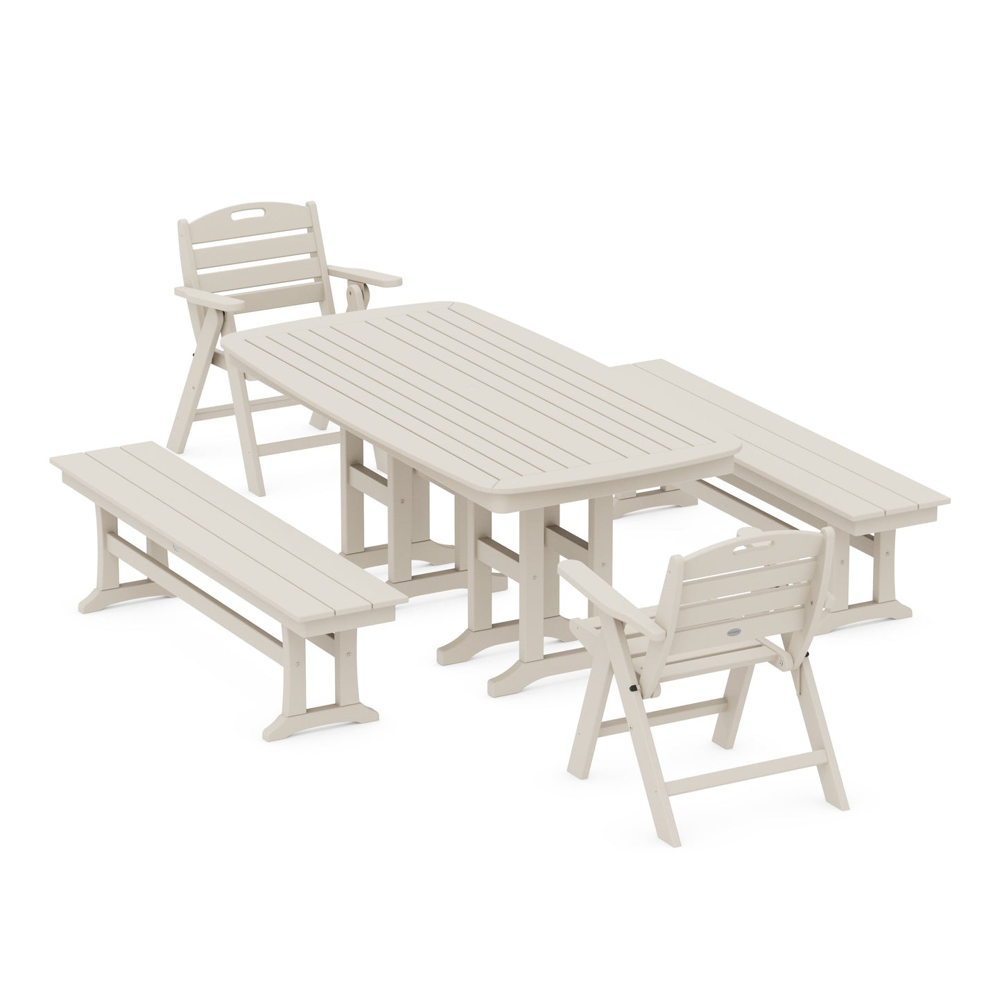 POLYWOOD Nautical Lowback 5-Piece Dining Set with Benches — Sand