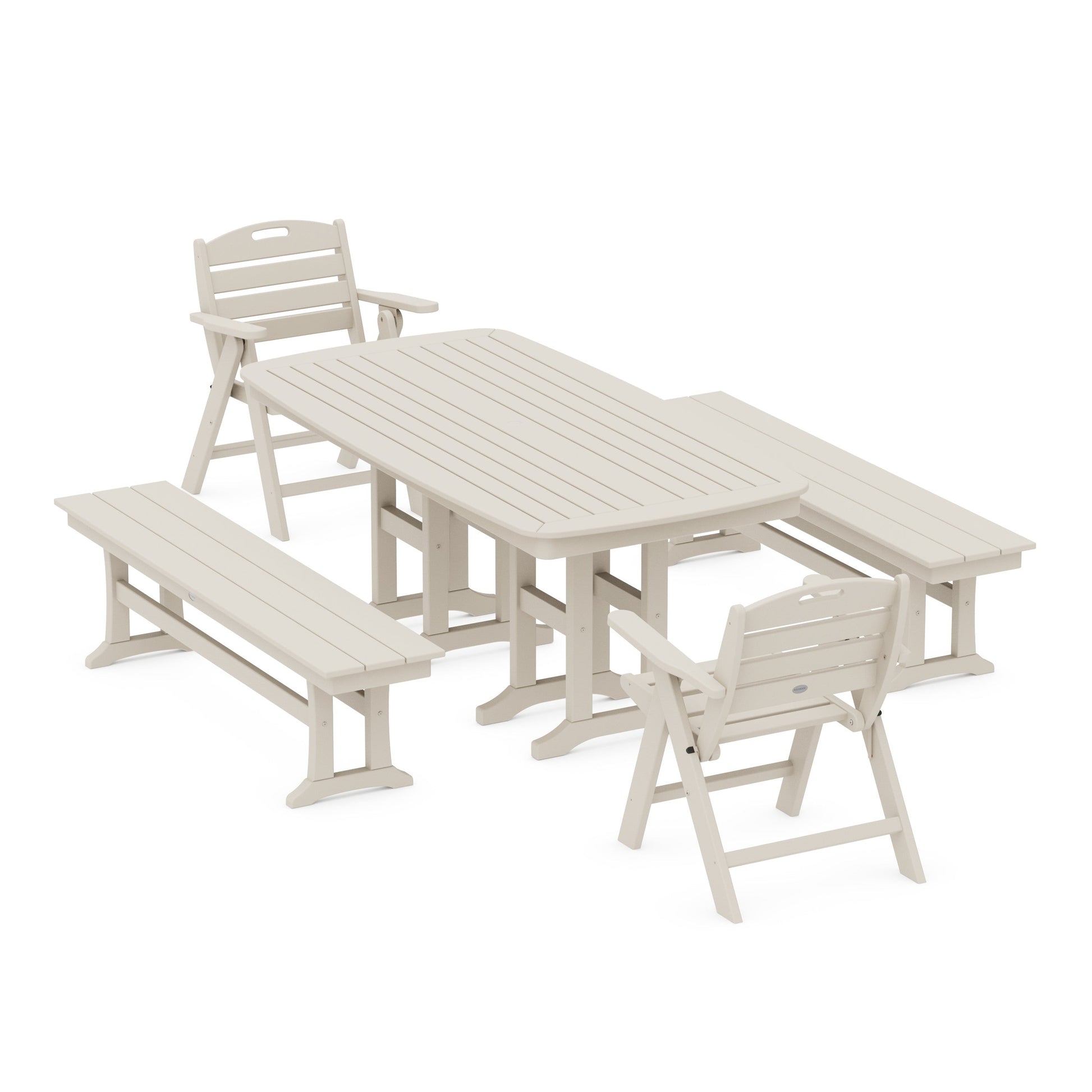 POLYWOOD Nautical Lowback 5-Piece Dining Set with Benches — Sand