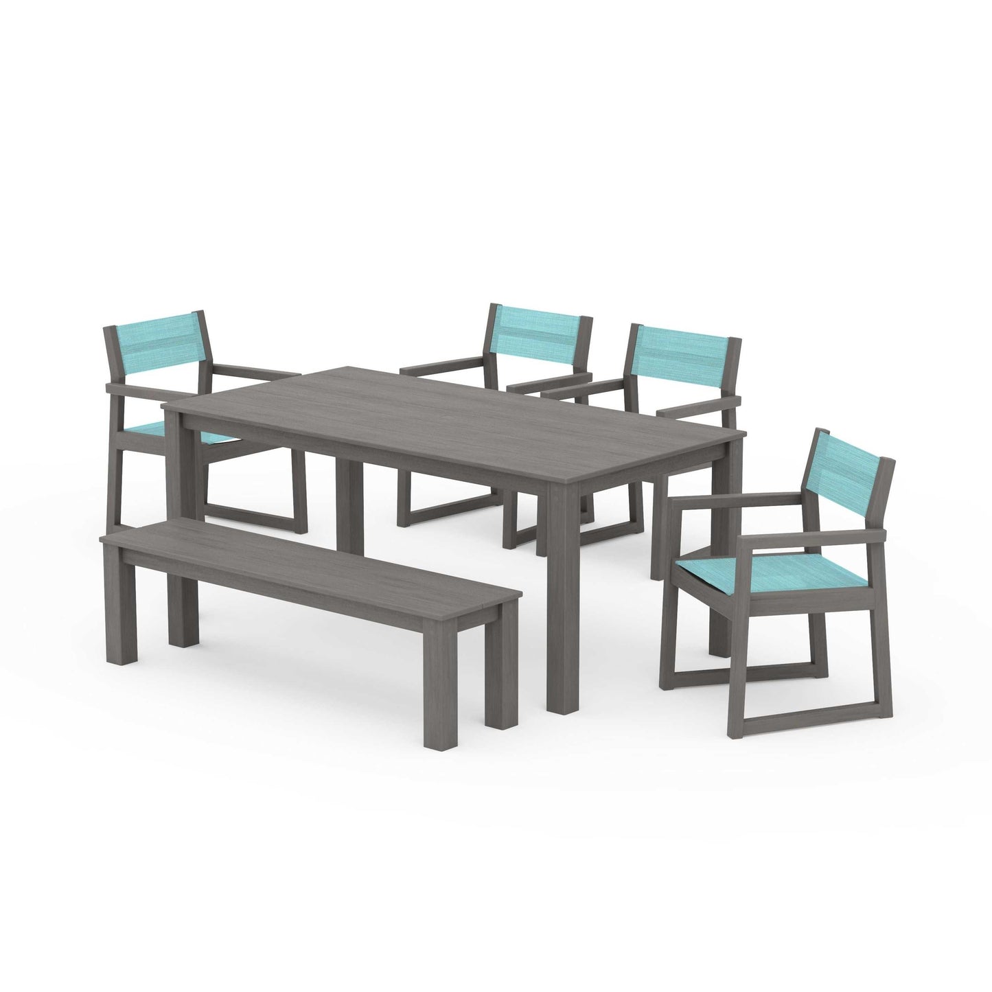 POLYWOOD EDGE Sling Arm Chair 6-Piece Parsons Dining Set with Bench — Driftwood / Dupioni Aquamarine Sling