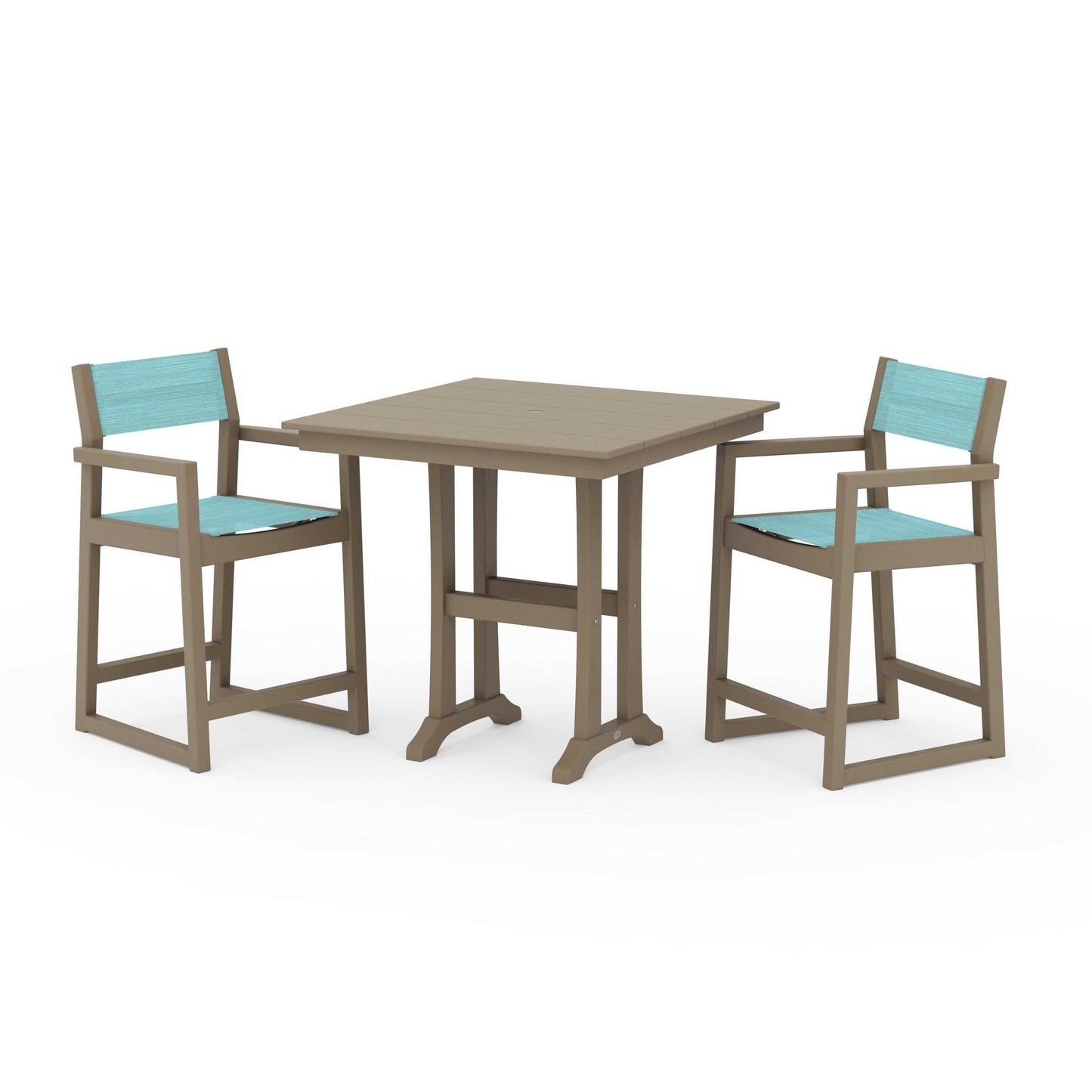 POLYWOOD EDGE Sling Arm Chair 3-Piece Farmhouse Counter Set with Trestle Legs — Vintage Sahara / Dupioni Aquamarine Sling