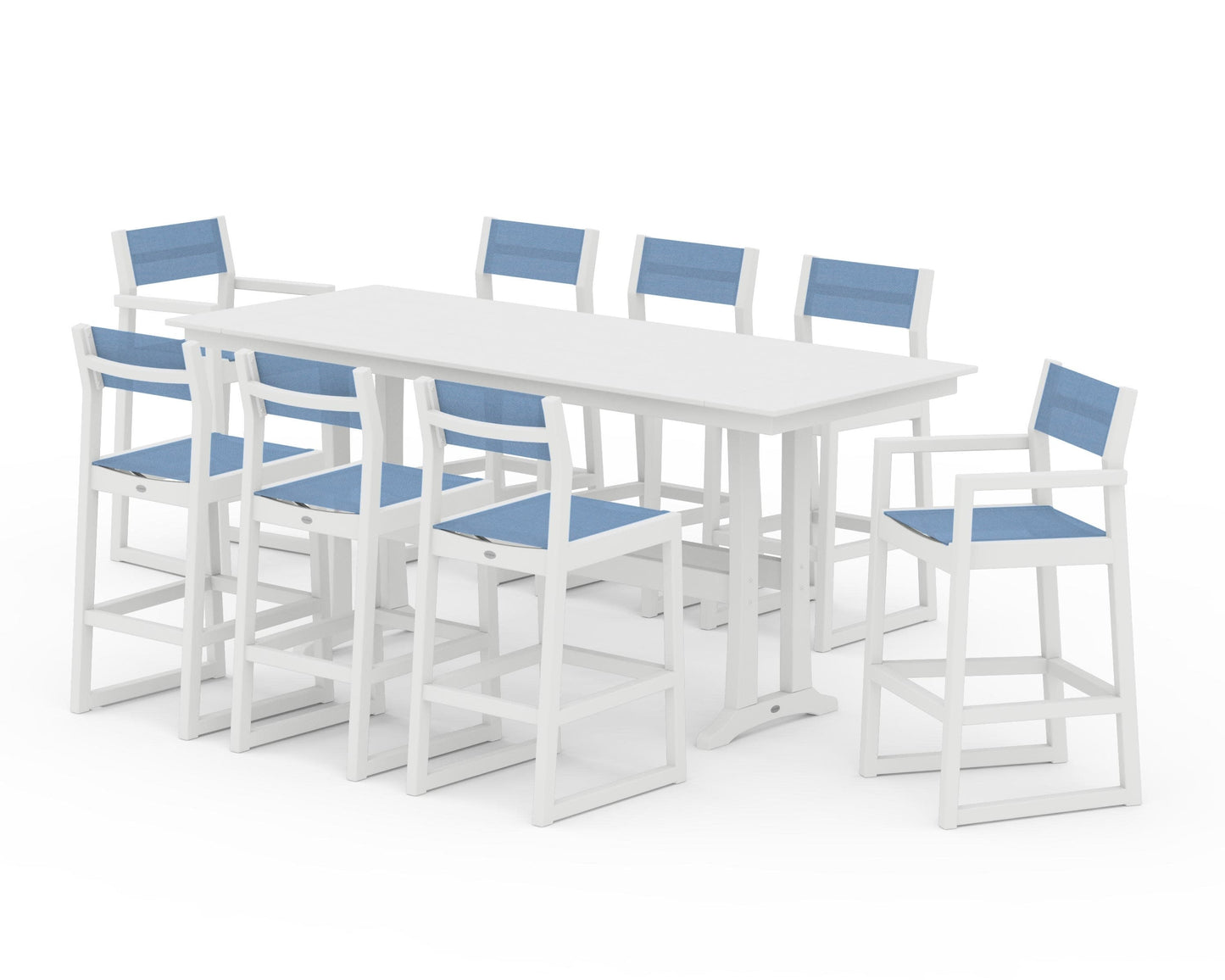POLYWOOD EDGE Sling 9-Piece Farmhouse Bar Set with Trestle Legs — White / Poolside Sling