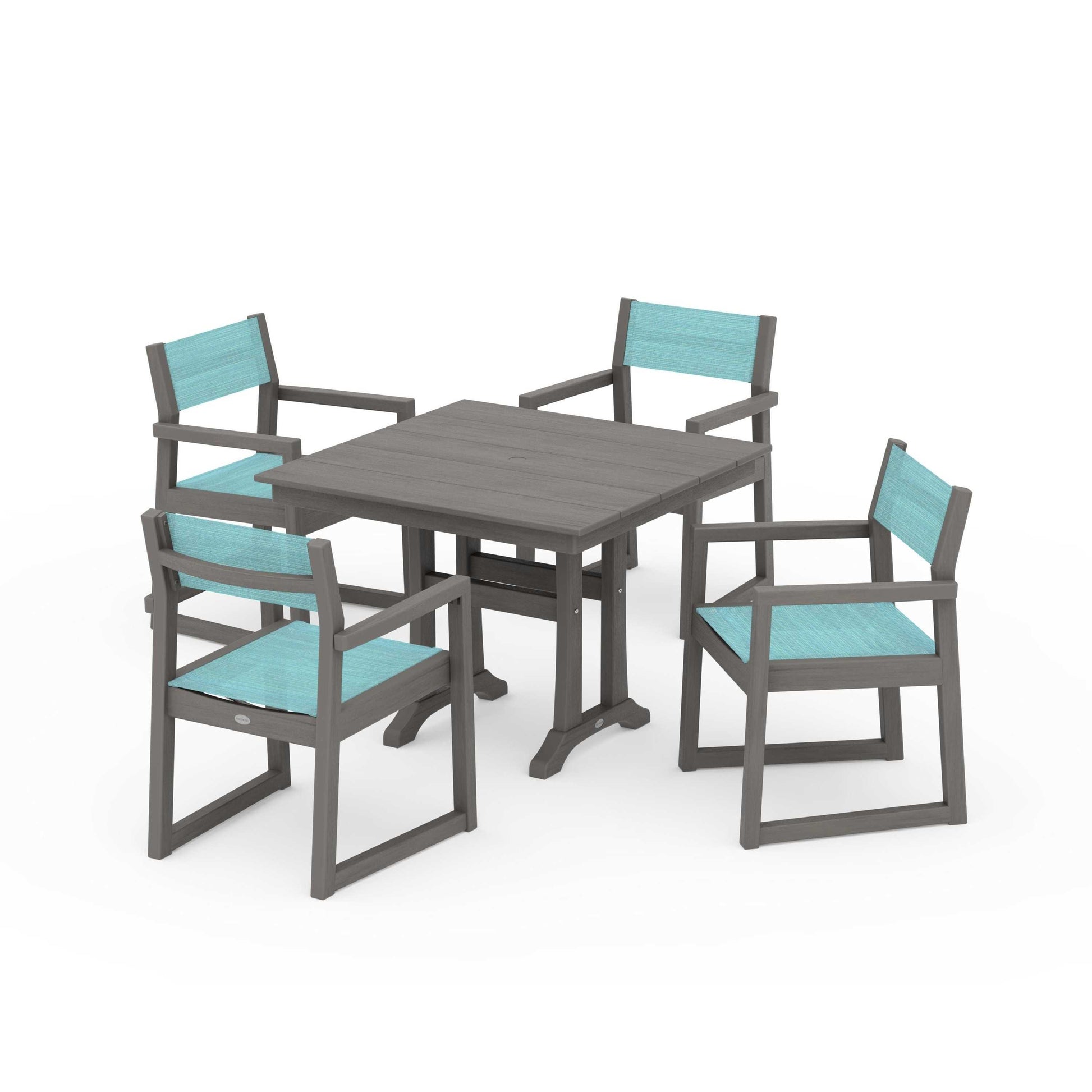 POLYWOOD EDGE Sling 5-Piece Farmhouse Dining Set with Trestle Legs — Driftwood / Dupioni Aquamarine Sling