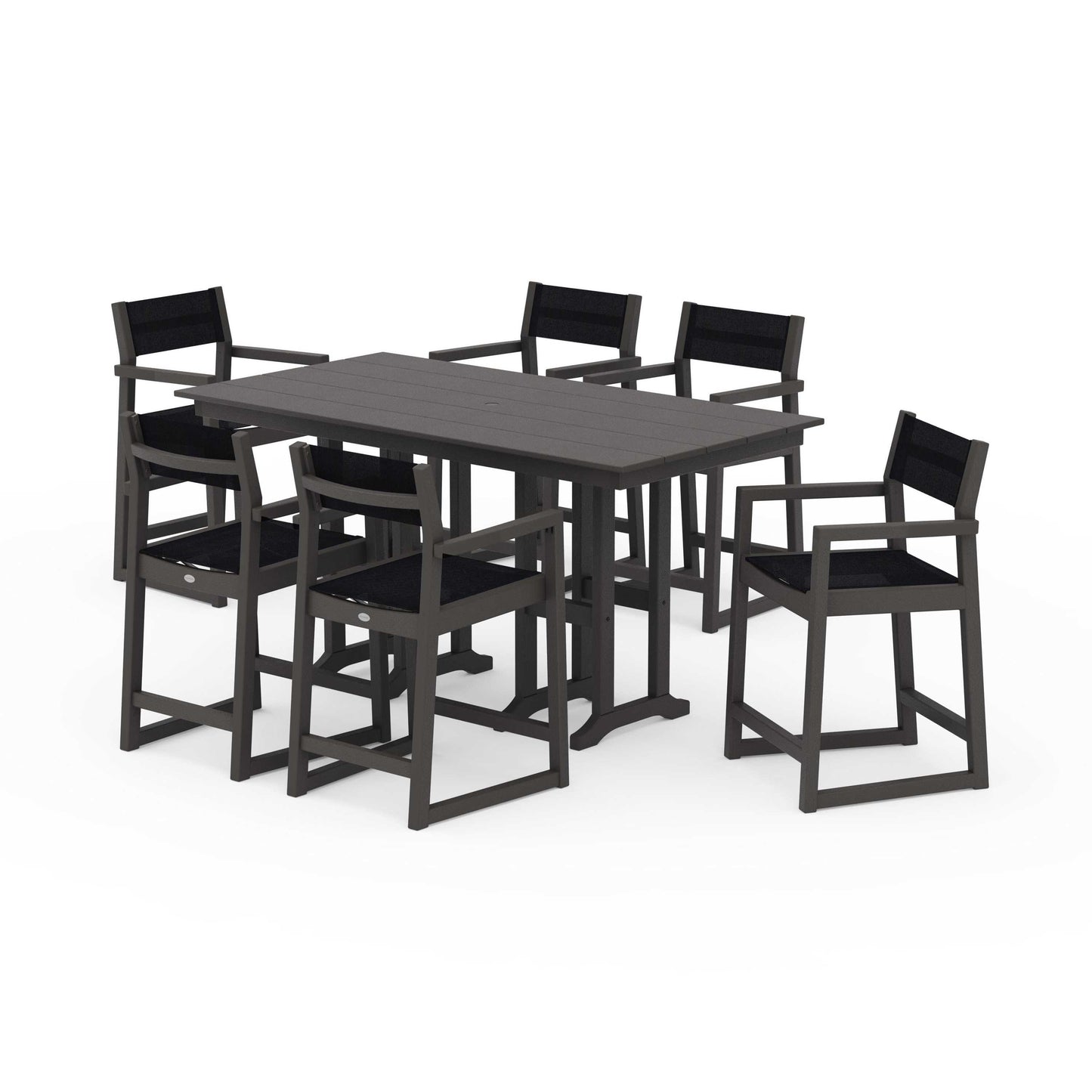 POLYWOOD EDGE Sling Arm Chair 7-Piece Farmhouse Counter Set — Vintage Coffee / Black Sling