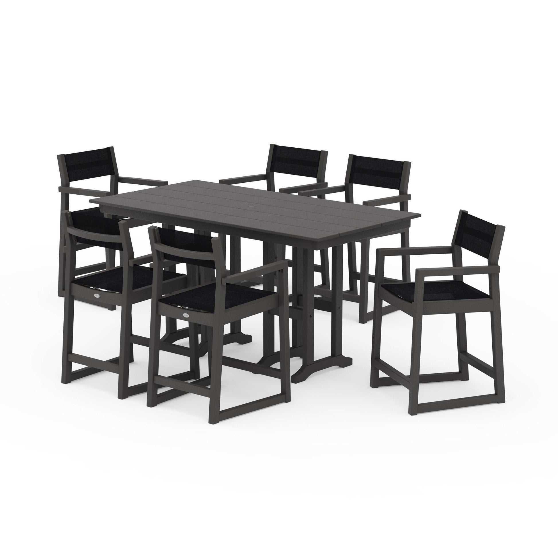 POLYWOOD EDGE Sling Arm Chair 7-Piece Farmhouse Counter Set — Vintage Coffee / Black Sling