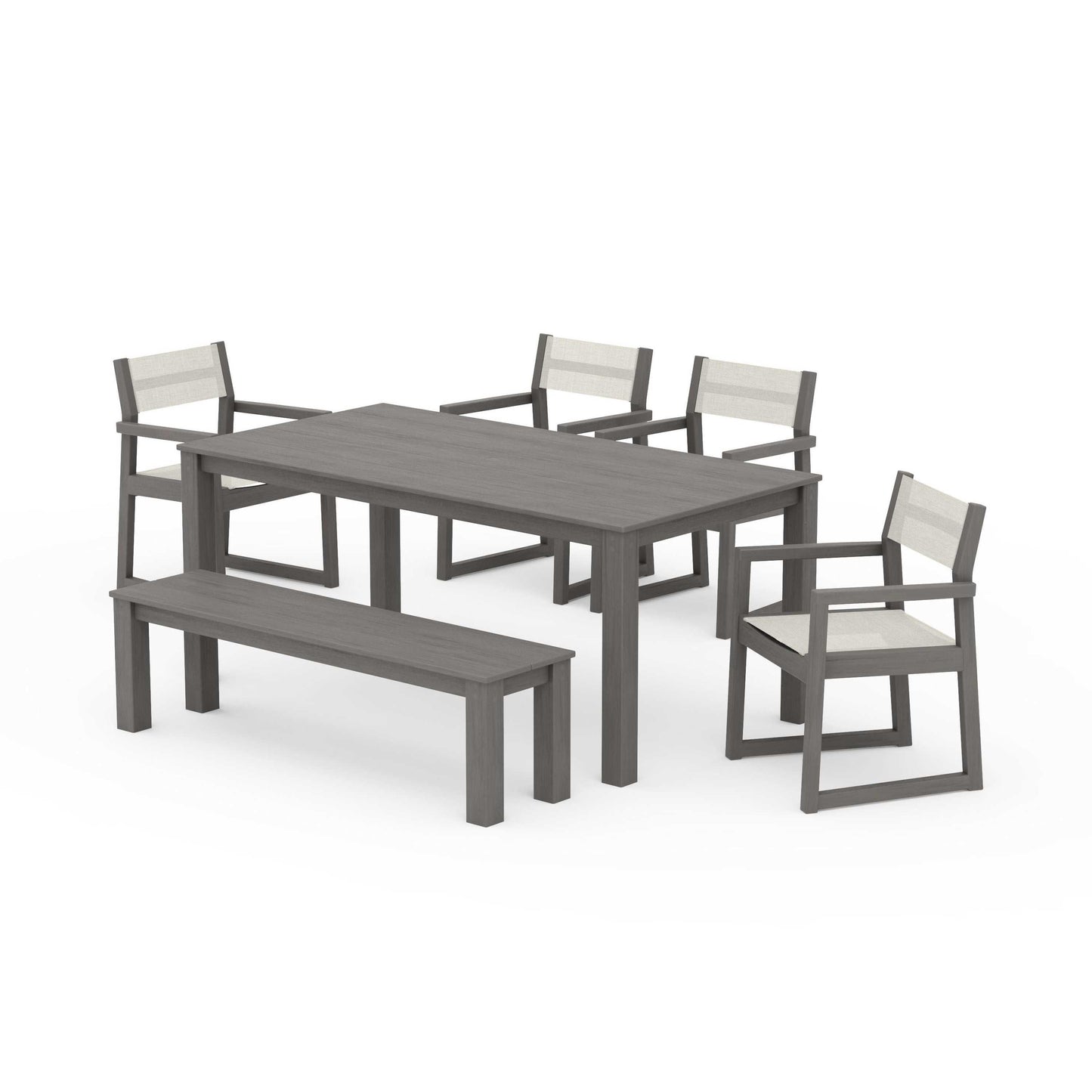 POLYWOOD EDGE Sling Arm Chair 6-Piece Parsons Dining Set with Bench — Driftwood / Parchment Sling