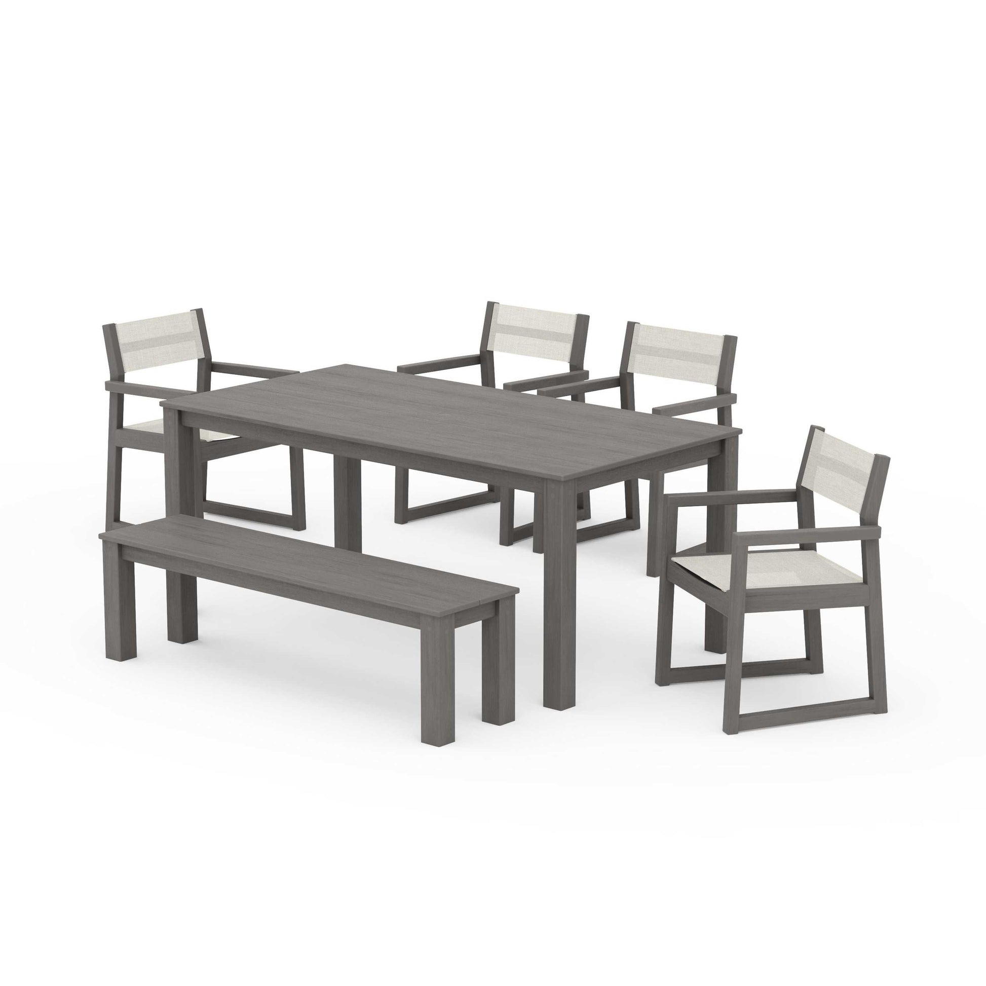 POLYWOOD EDGE Sling Arm Chair 6-Piece Parsons Dining Set with Bench — Driftwood / Parchment Sling