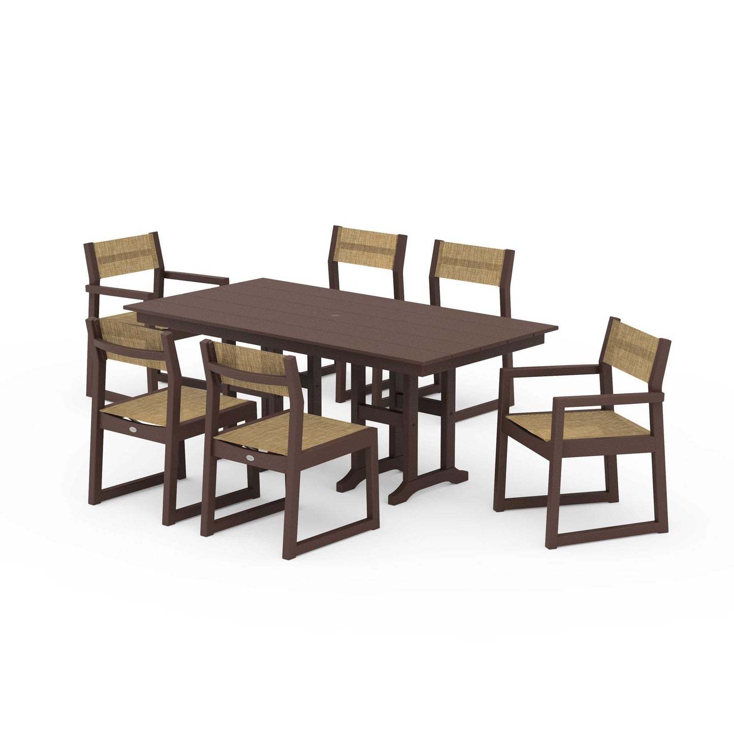 POLYWOOD EDGE Sling 7-Piece Farmhouse Dining Set — Mahogany / Burlap Sling
