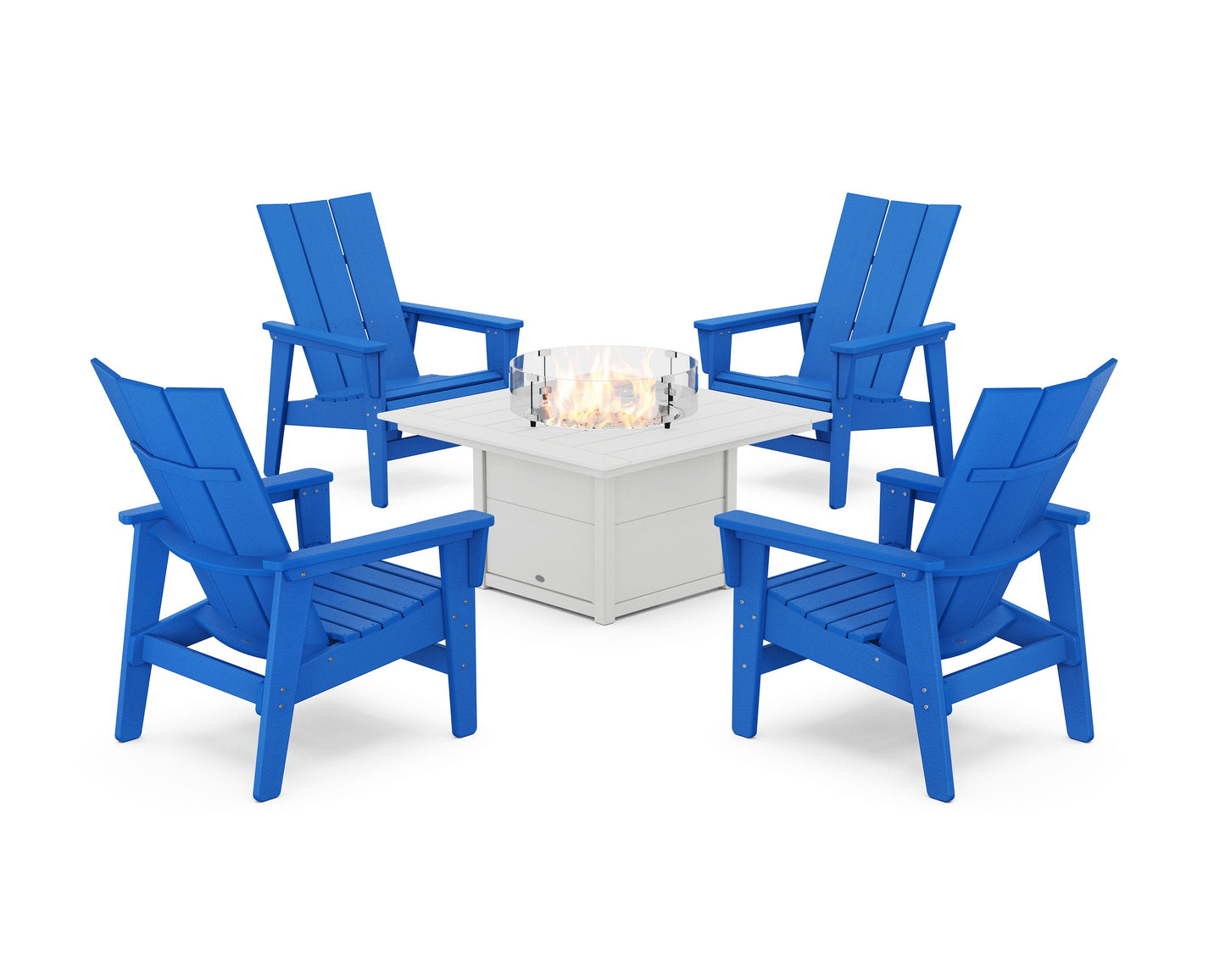 POLYWOOD 5-Piece Modern Grand Upright Adirondack Conversation Set with Fire Pit Table — Pacific Blue / White