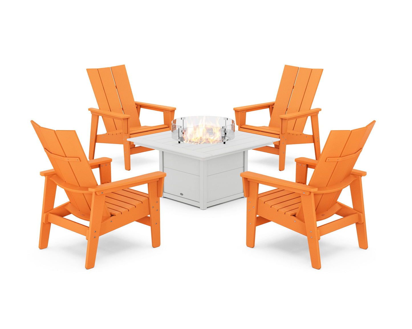 POLYWOOD 5-Piece Modern Grand Upright Adirondack Conversation Set with Fire Pit Table — Tangerine / White