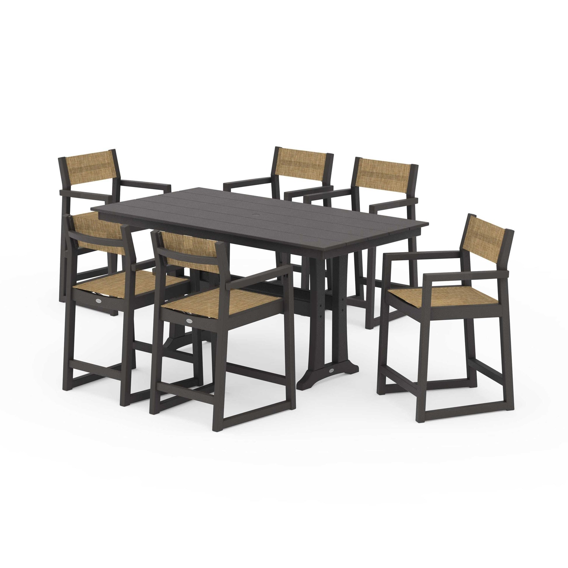 POLYWOOD EDGE Sling Arm Chair 7-Piece Farmhouse Counter Set with Trestle Legs — Vintage Coffee / Burlap Sling
