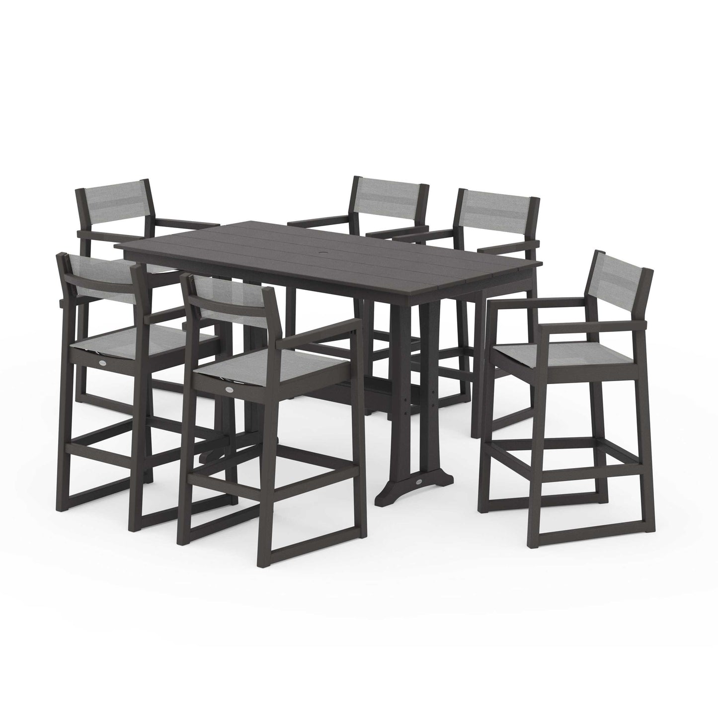 POLYWOOD EDGE Sling Arm Chair 7-Piece Farmhouse Bar Set with Trestle Legs — Vintage Coffee / Metallic Sling