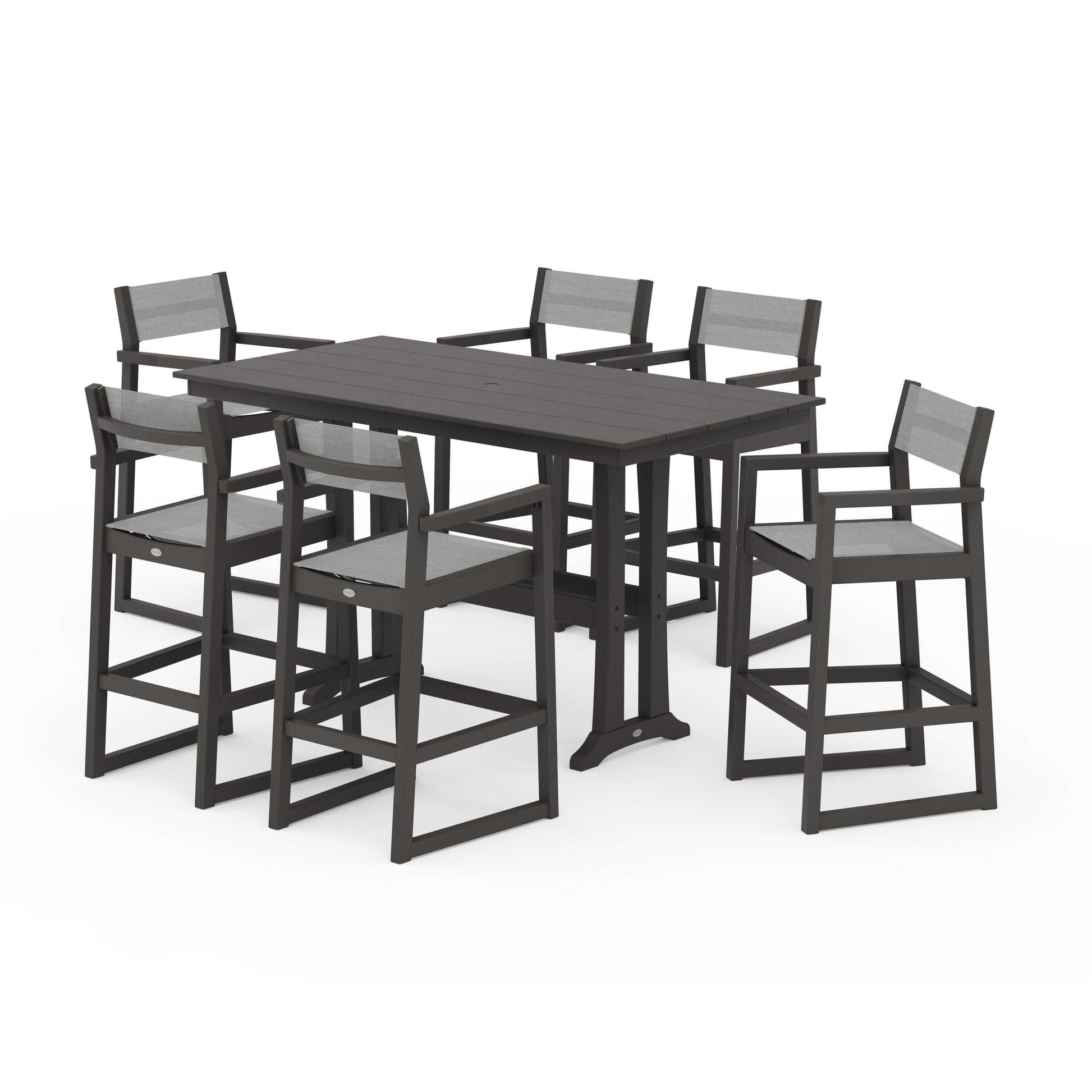 POLYWOOD EDGE Sling Arm Chair 7-Piece Farmhouse Bar Set with Trestle Legs — Vintage Coffee / Metallic Sling