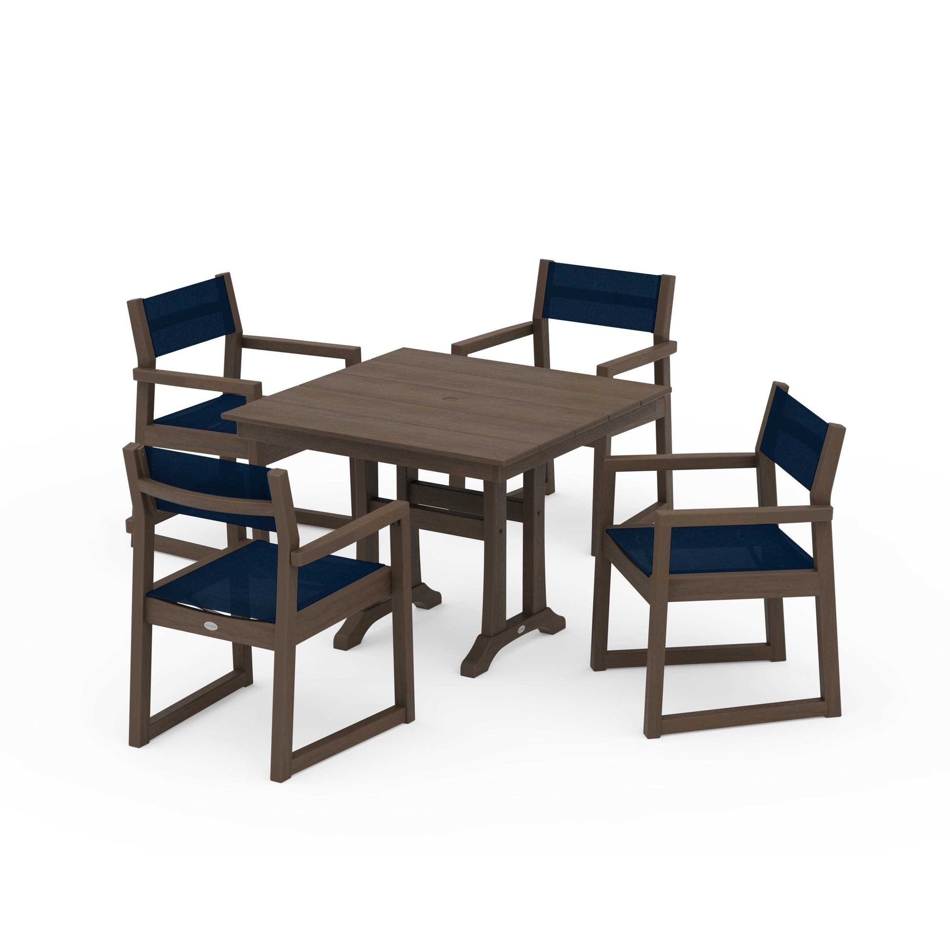 POLYWOOD EDGE Sling 5-Piece Farmhouse Dining Set with Trestle Legs — Kona / Navy Blue Sling
