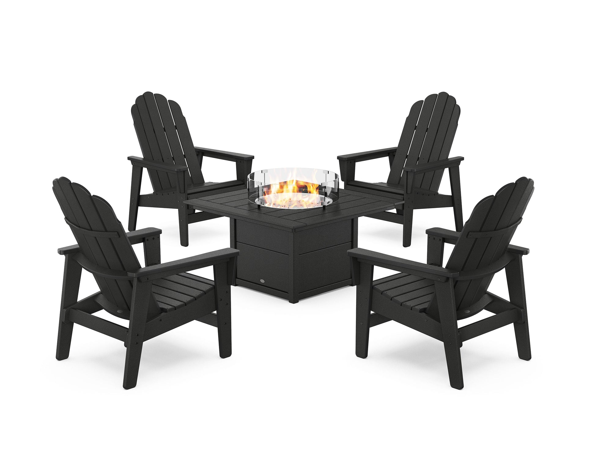 POLYWOOD 5-Piece Vineyard Grand Upright Adirondack Conversation Set with Fire Pit Table — Black