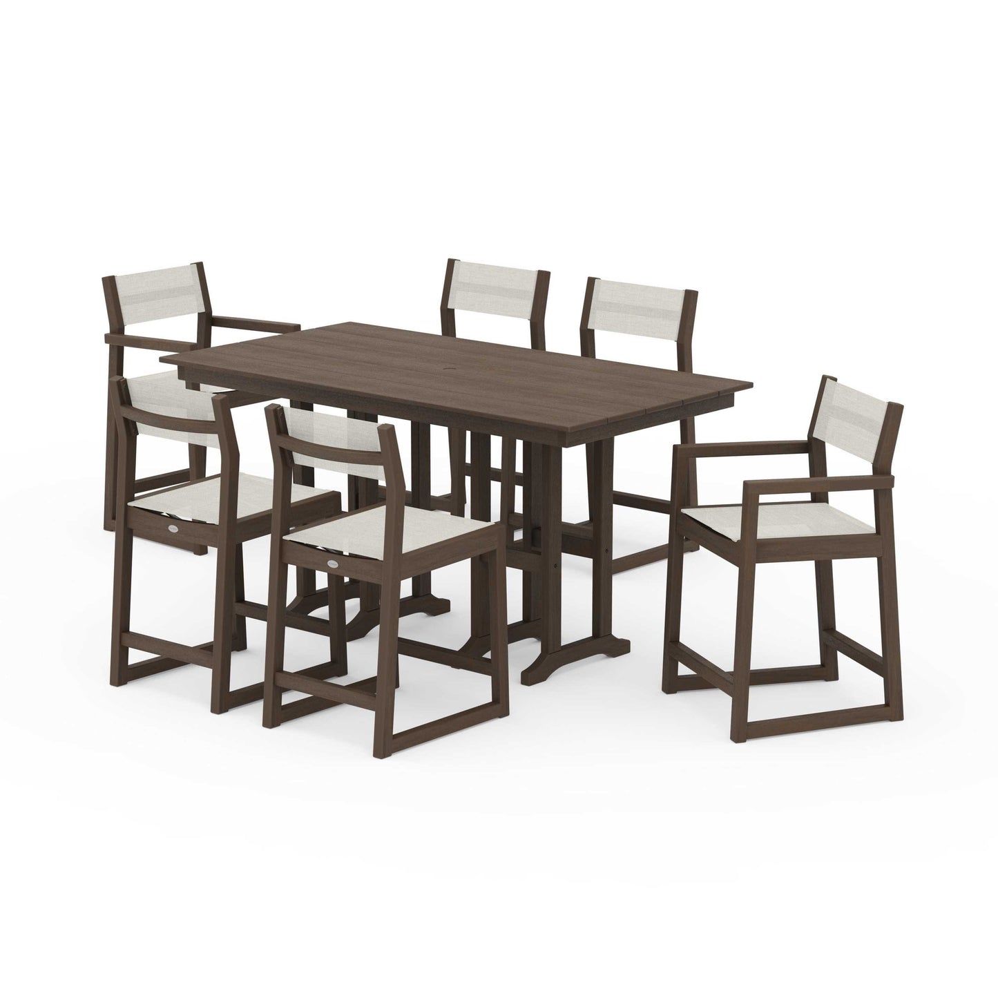 POLYWOOD EDGE Sling 7-Piece Farmhouse Counter Set with Trestle Legs — Kona / Parchment Sling
