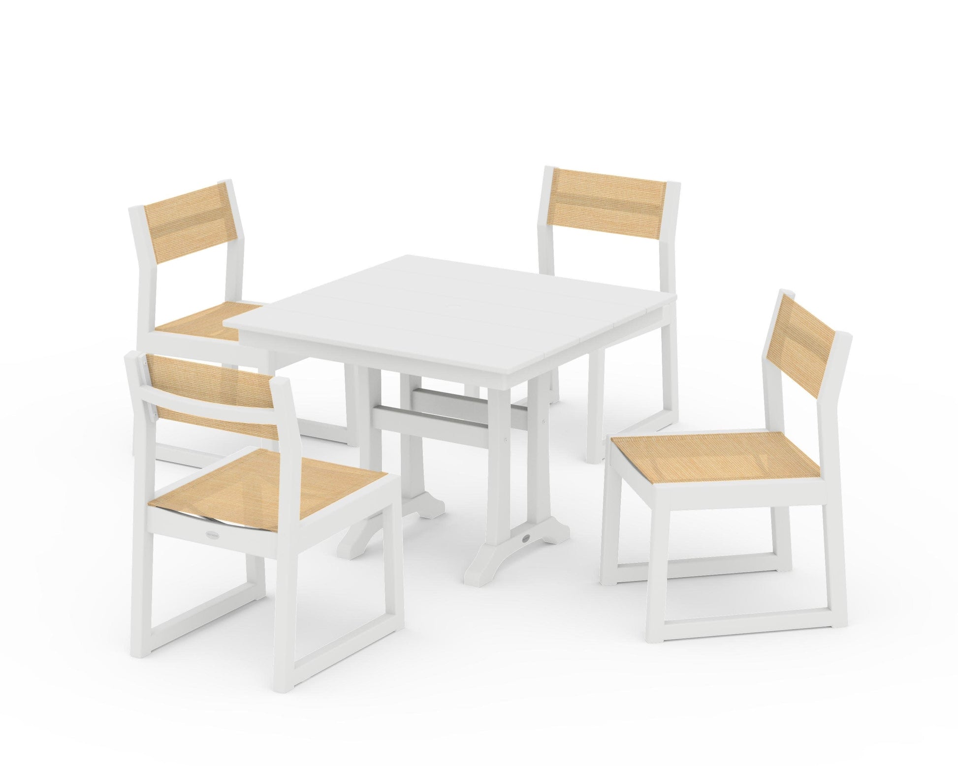POLYWOOD EDGE Sling 5-Piece Farmhouse Trestle Side Chair Dining Set — White / Dupioni Apricot Sling